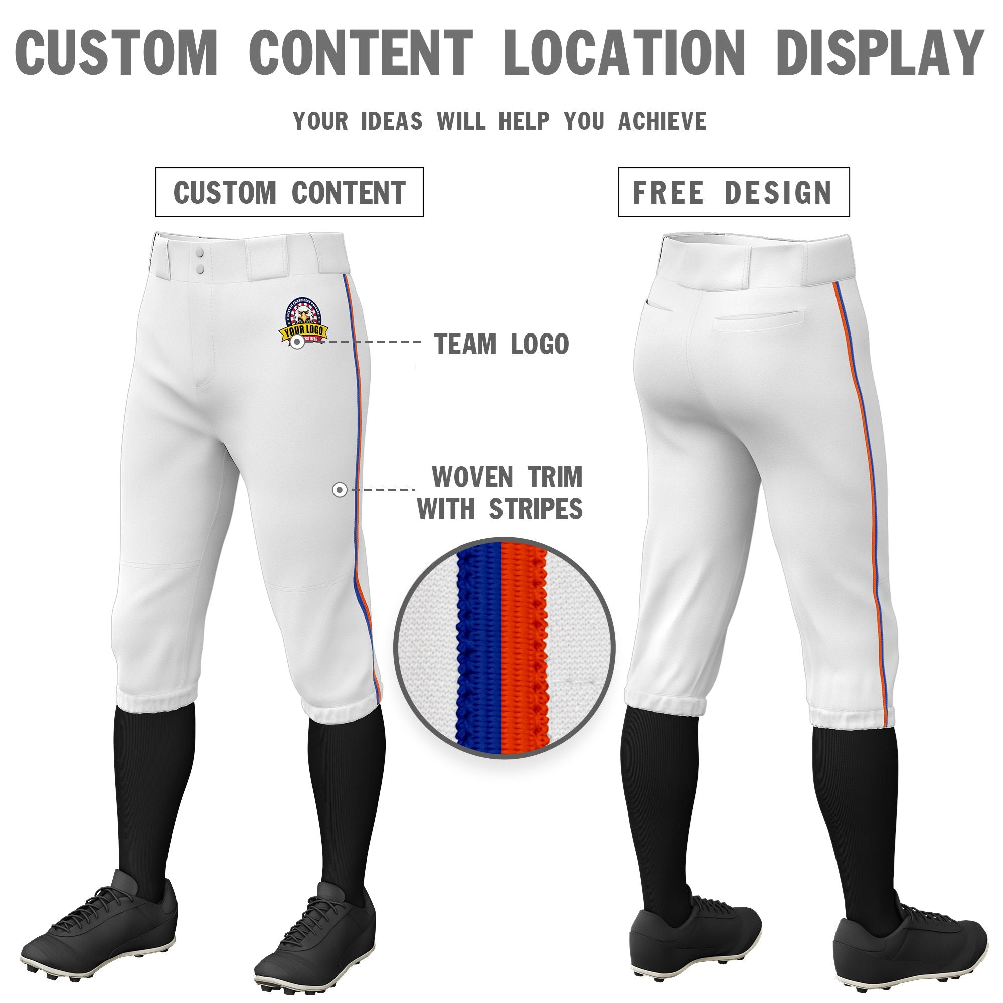 Custom White Royal Blue-Orange Classic Fit Stretch Practice Knickers Baseball Pants