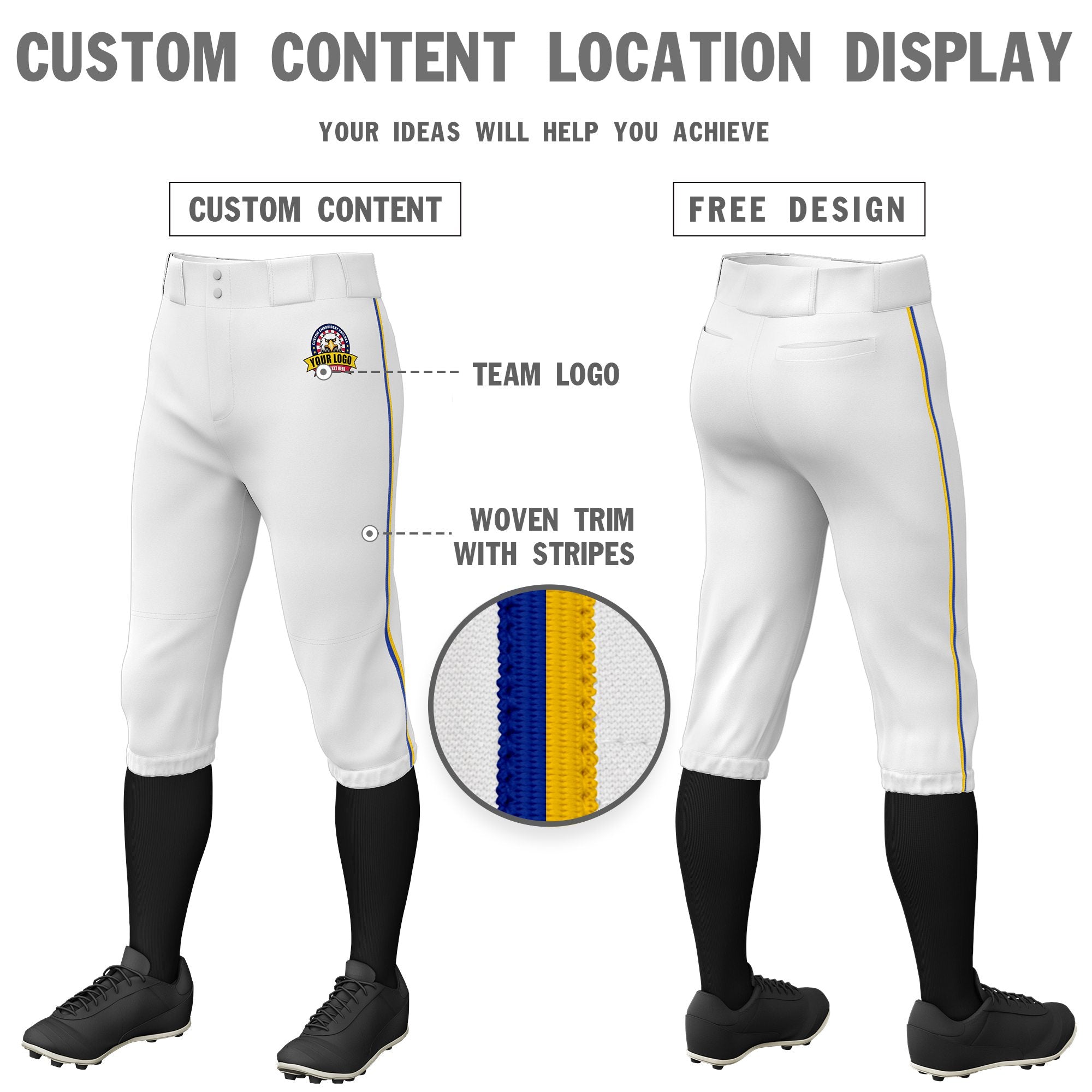 Custom White Royal Blue-Gold01 Classic Fit Stretch Practice Knickers Baseball Pants