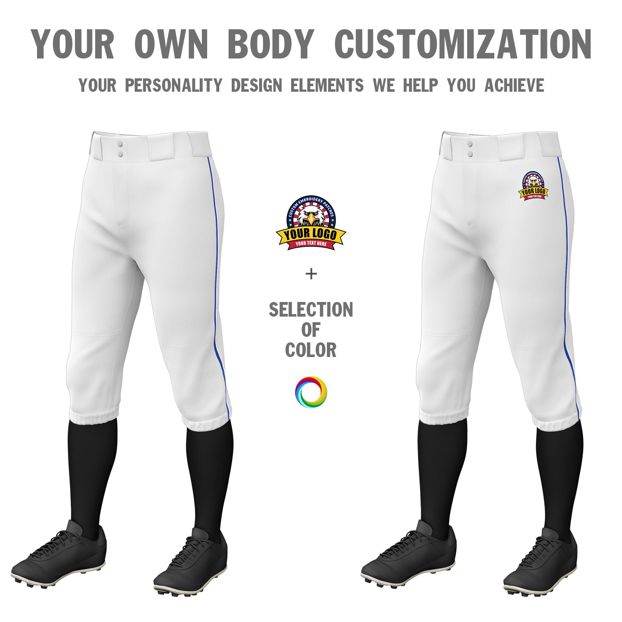 Custom White Royal Blue-White Classic Fit Stretch Practice Knickers Baseball Pants