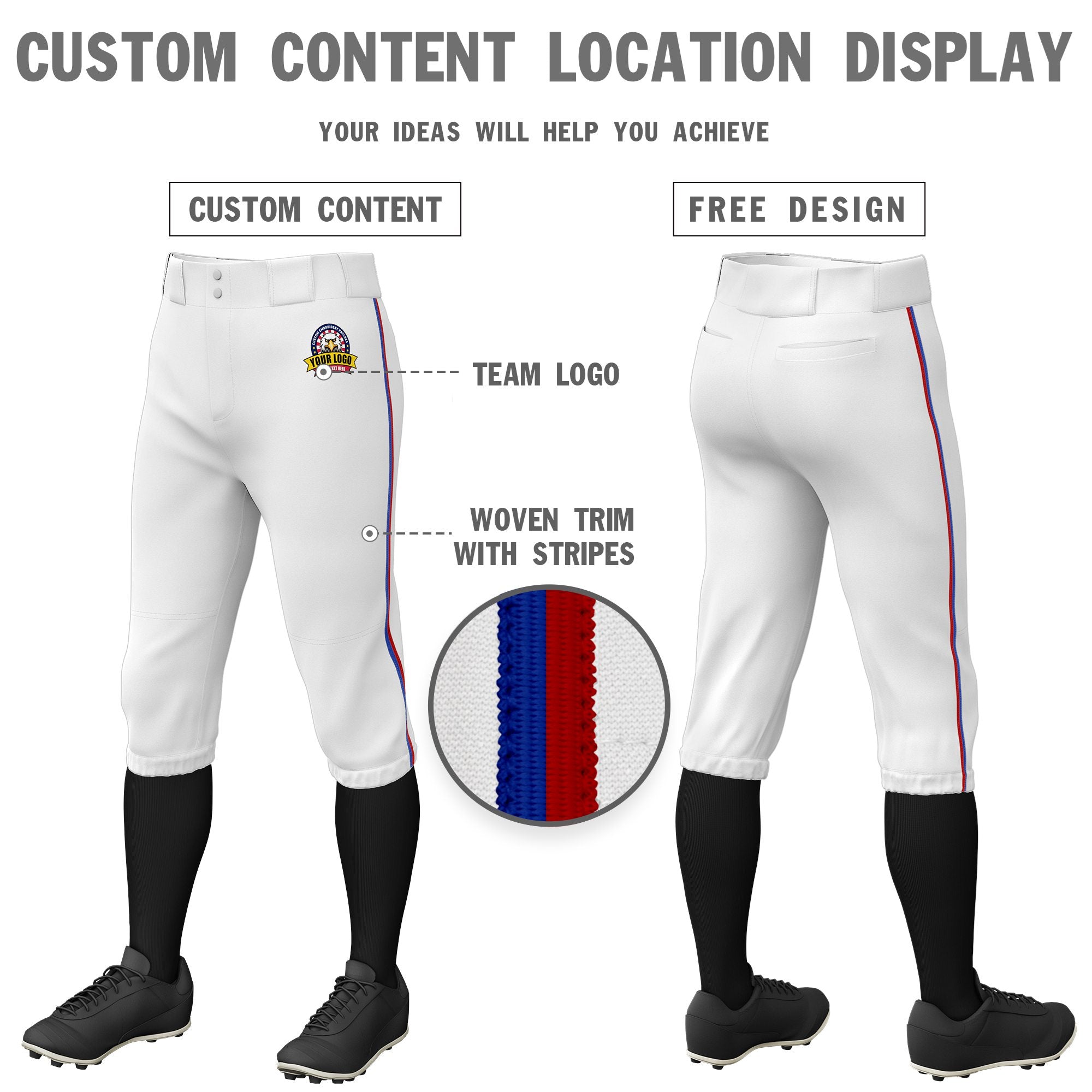 Custom White Royal Blue-Red Classic Fit Stretch Practice Knickers Baseball Pants