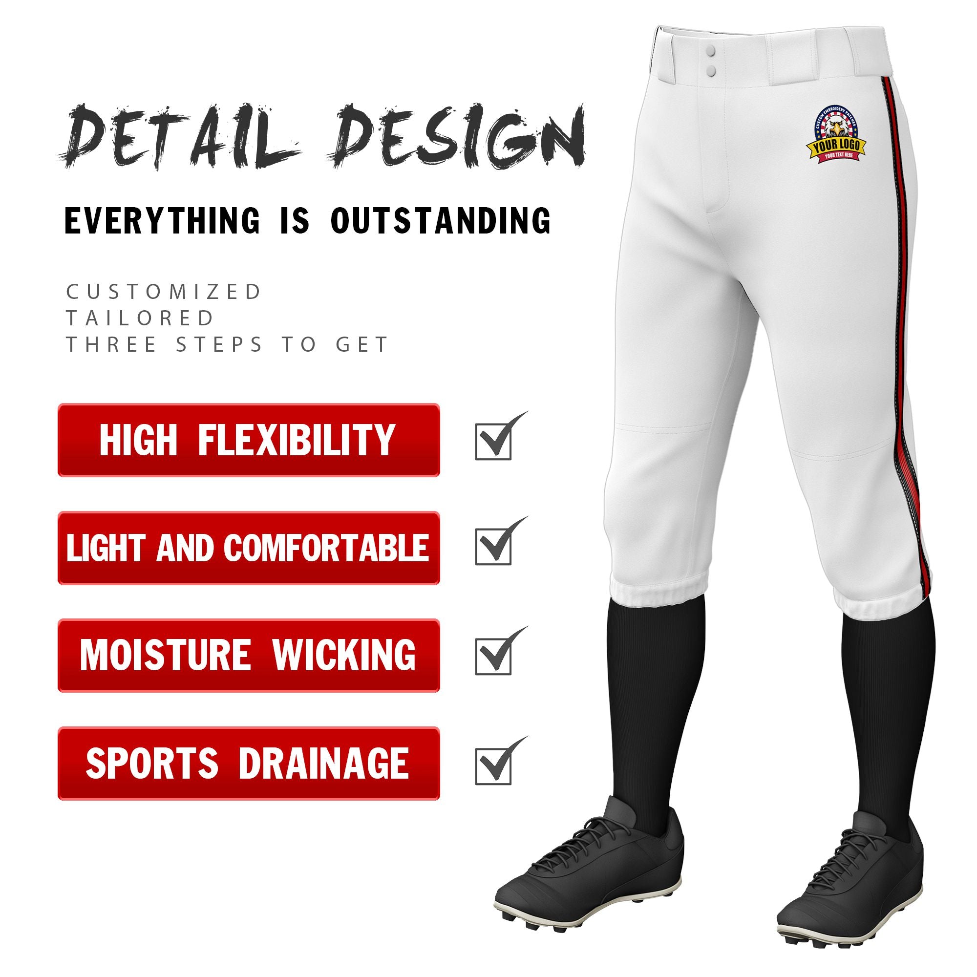 Custom White Black-Red-Black Classic Fit Stretch Practice Knickers Baseball Pants