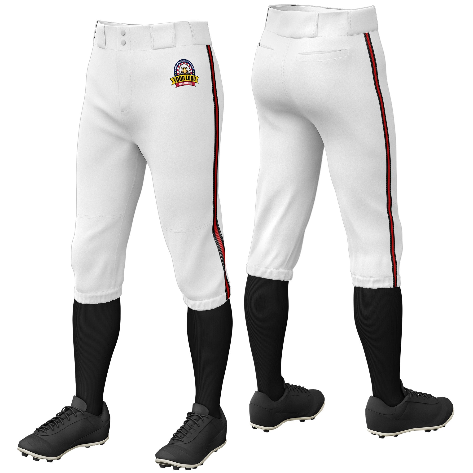 Custom White Black-Red-Black Classic Fit Stretch Practice Knickers Baseball Pants