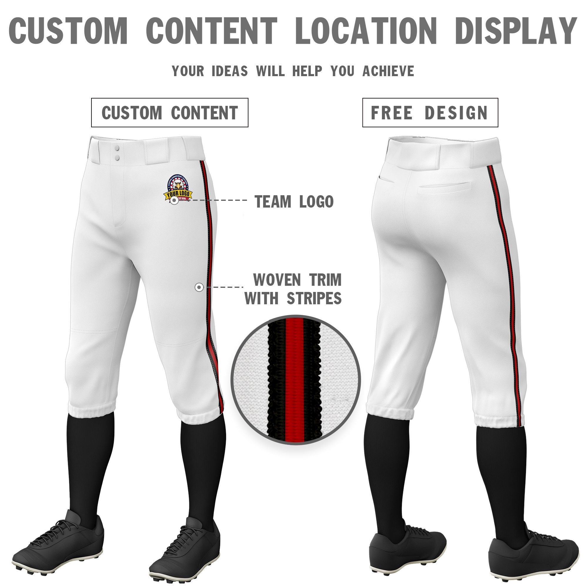 Custom White Black-Red-Black Classic Fit Stretch Practice Knickers Baseball Pants