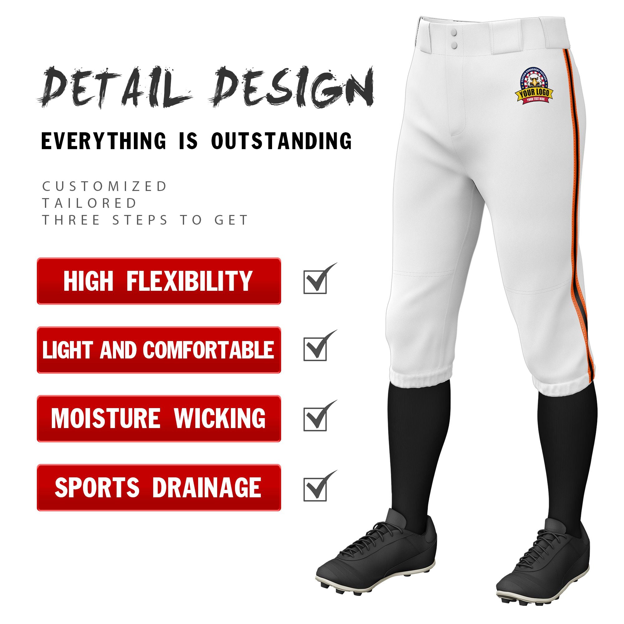 Custom White Orange-Black-Orange Classic Fit Stretch Practice Knickers Baseball Pants