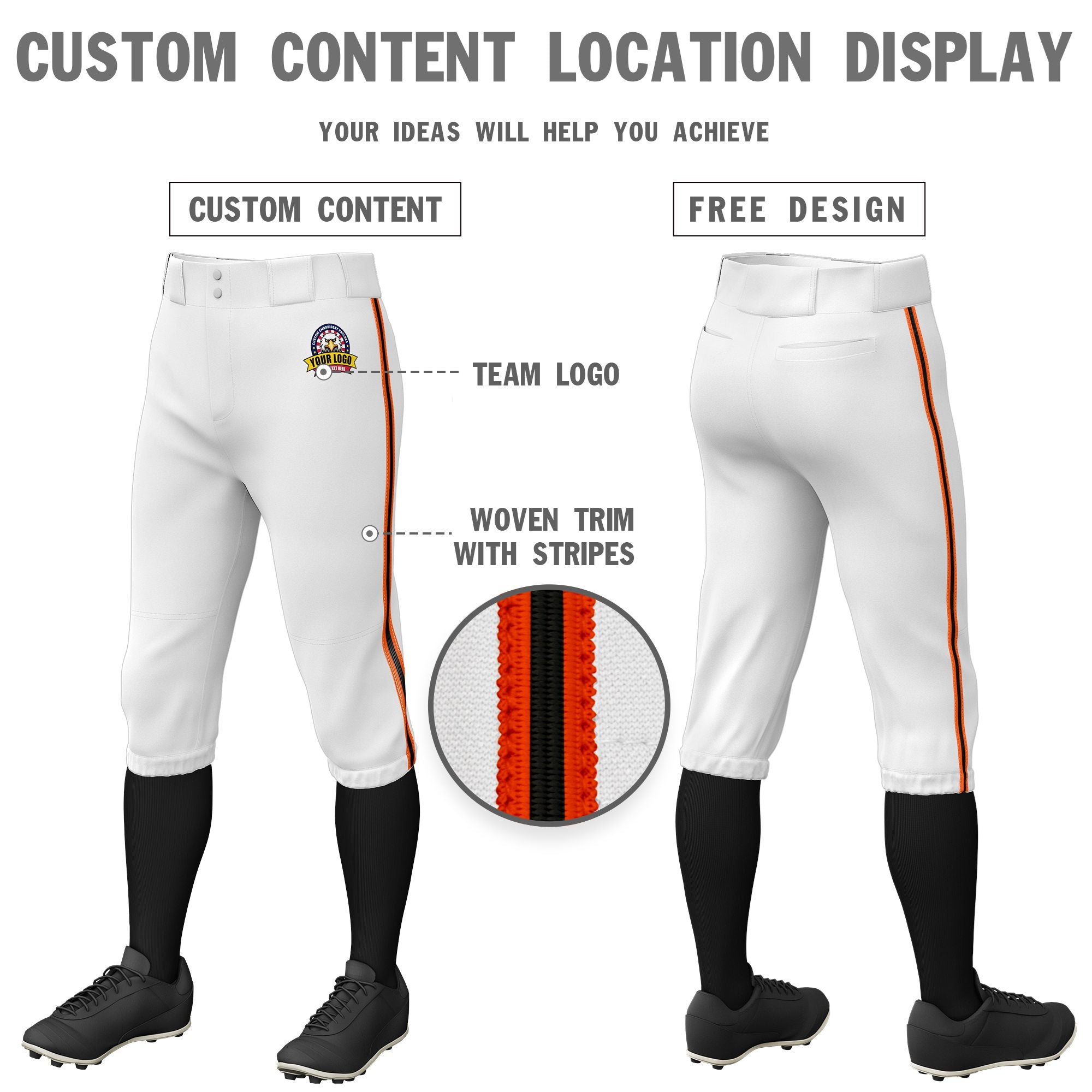 Custom White Orange-Black-Orange Classic Fit Stretch Practice Knickers Baseball Pants