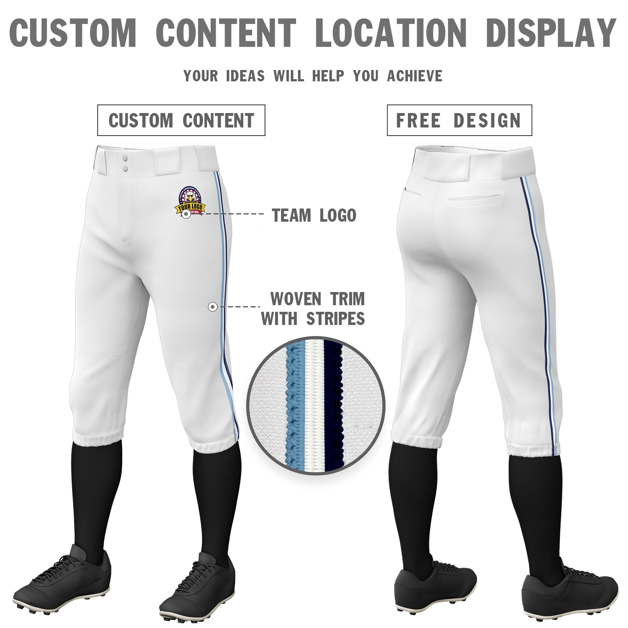 Custom White Light Blue-White-Navy Classic Fit Stretch Practice Knickers Baseball Pants