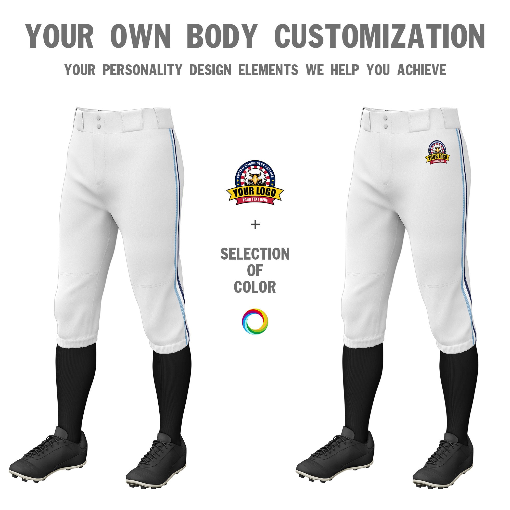 Custom White Light Blue-White-Navy Classic Fit Stretch Practice Knickers Baseball Pants