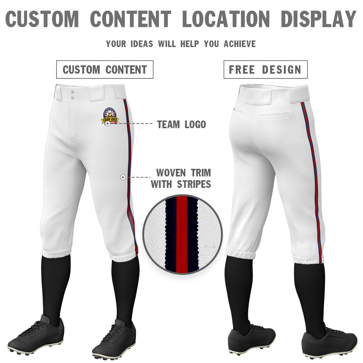 Custom White Navy-Red-Navy Classic Fit Stretch Practice Knickers Baseball Pants
