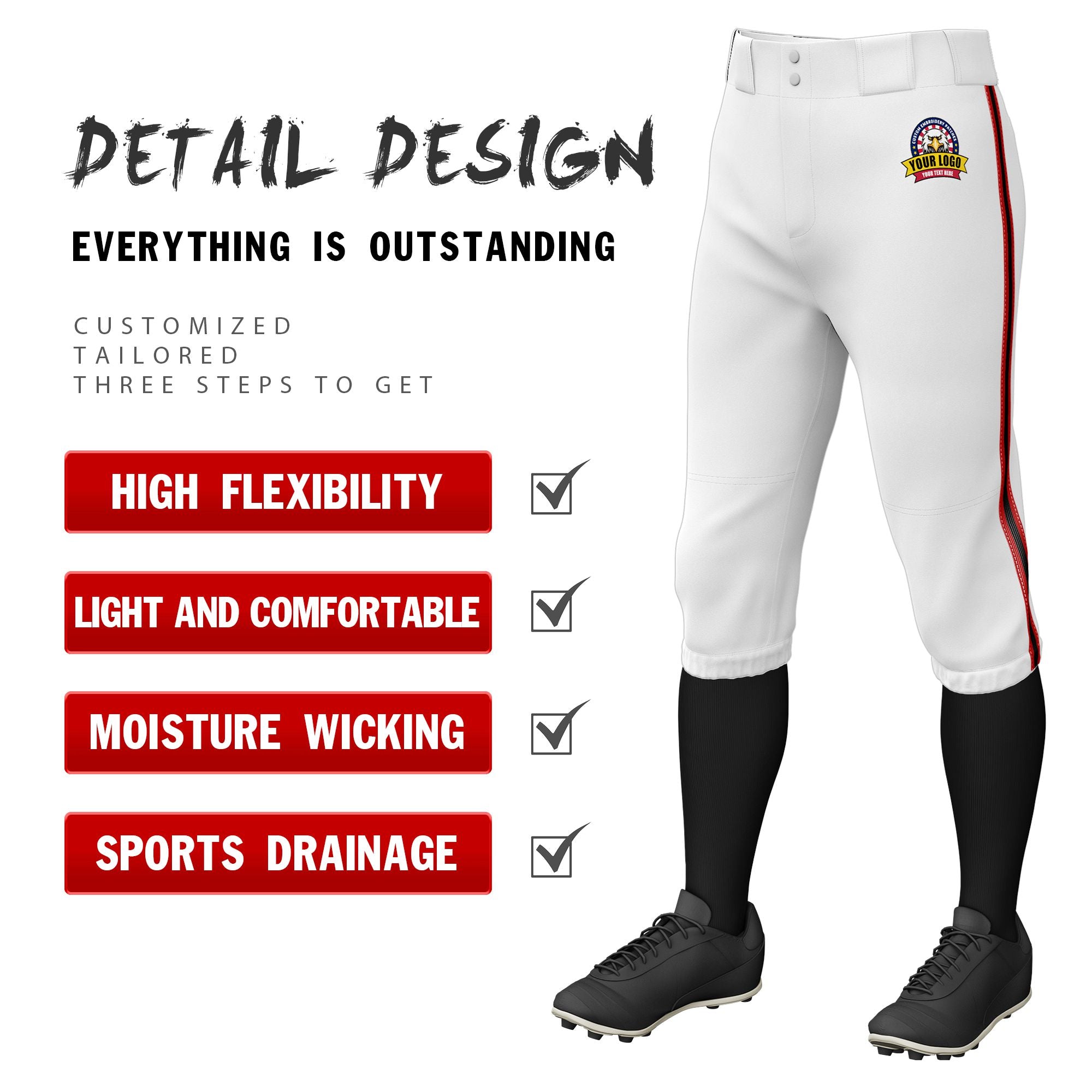 Custom White Red-Black-Red Classic Fit Stretch Practice Knickers Baseball Pants