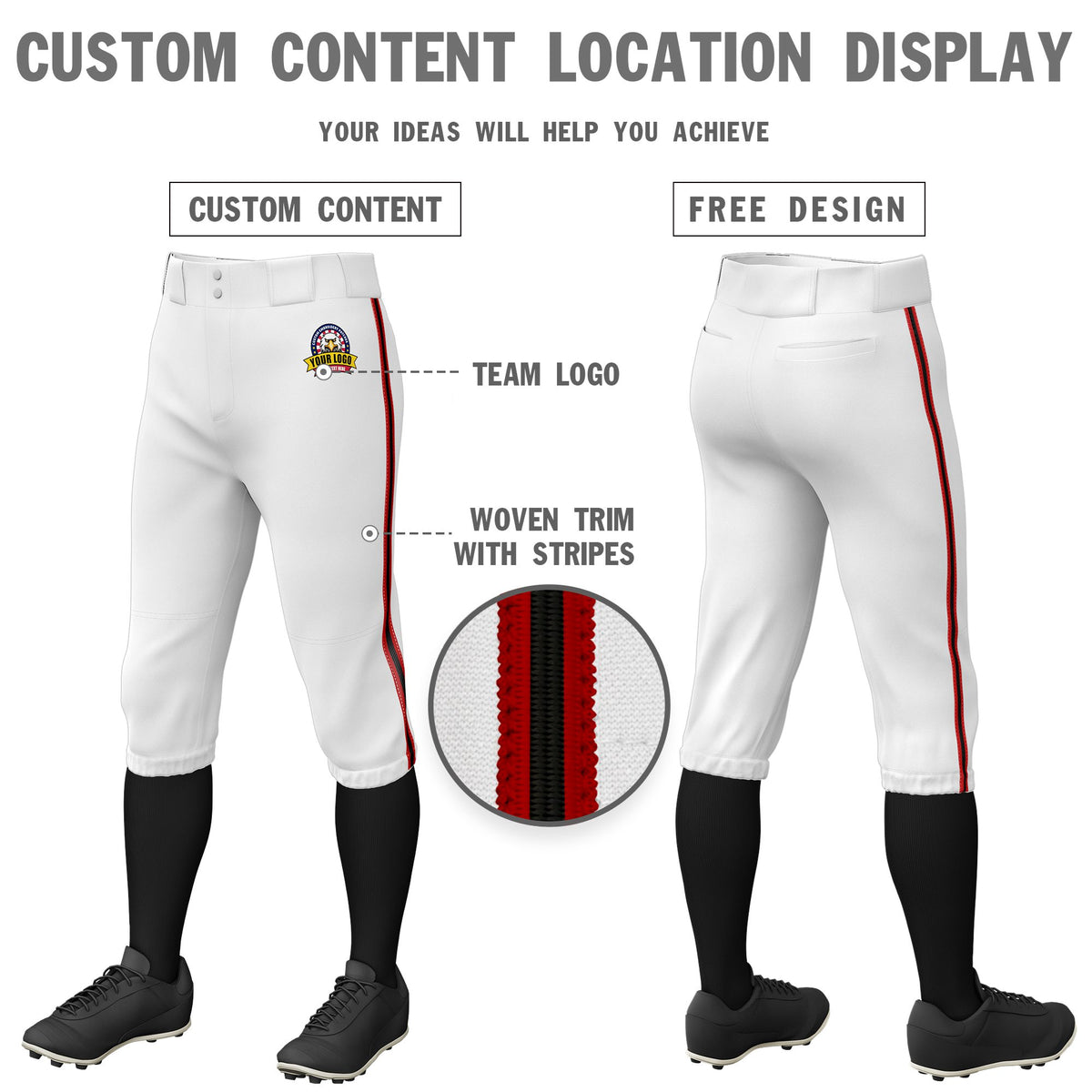 Custom White Red-Black-Red Classic Fit Stretch Practice Knickers Baseball Pants
