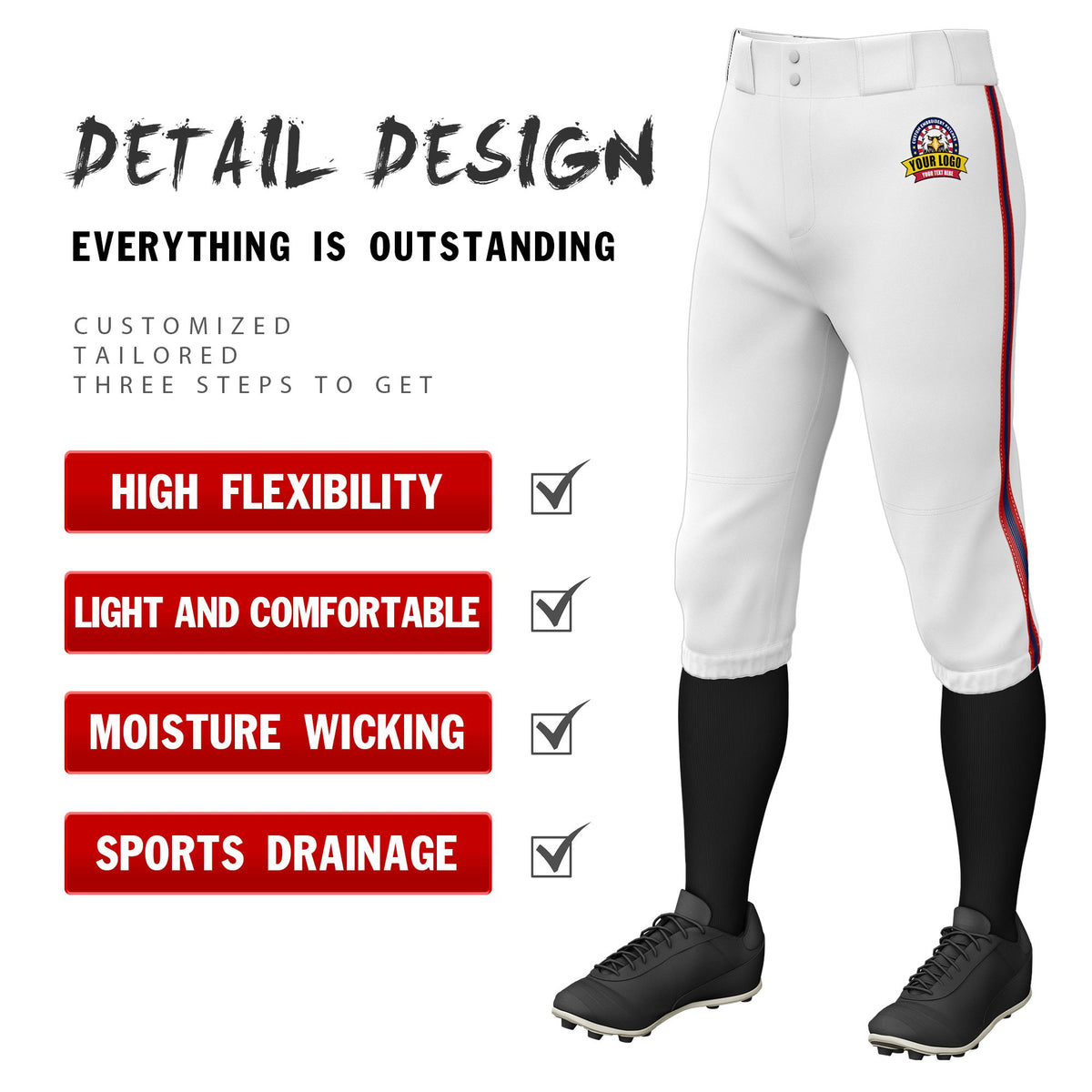 Custom White Red-Navy-Red Classic Fit Stretch Practice Knickers Baseball Pants