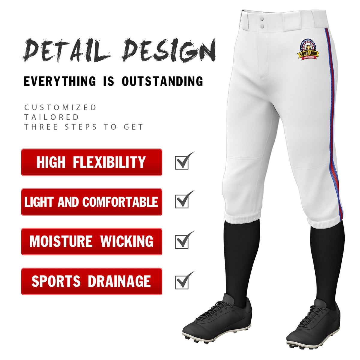Custom White Royal Blue-Red-Royal Blue Classic Fit Stretch Practice Knickers Baseball Pants