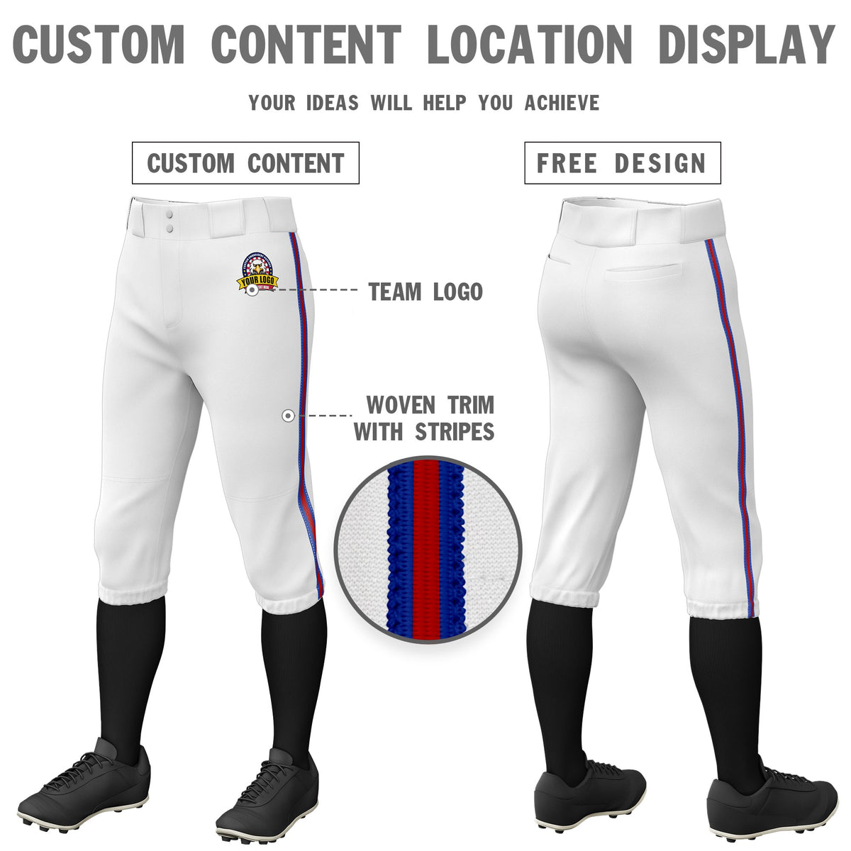 Custom White Royal Blue-Red-Royal Blue Classic Fit Stretch Practice Knickers Baseball Pants