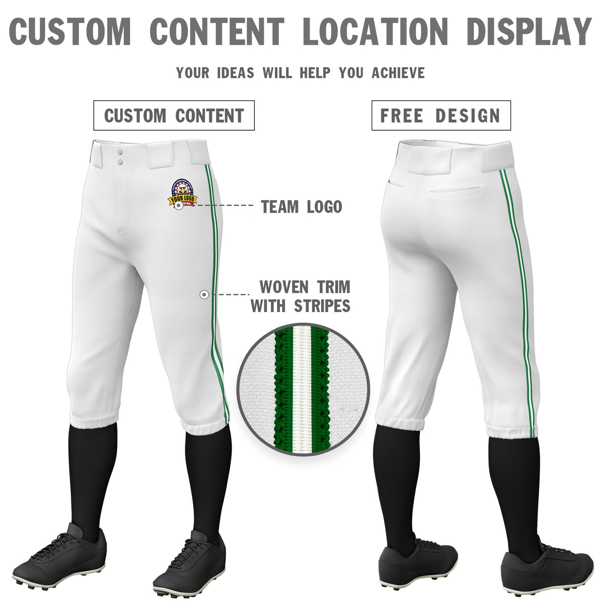 Custom White Kelly Green-White-Kelly Green Classic Fit Stretch Practice Knickers Baseball Pants