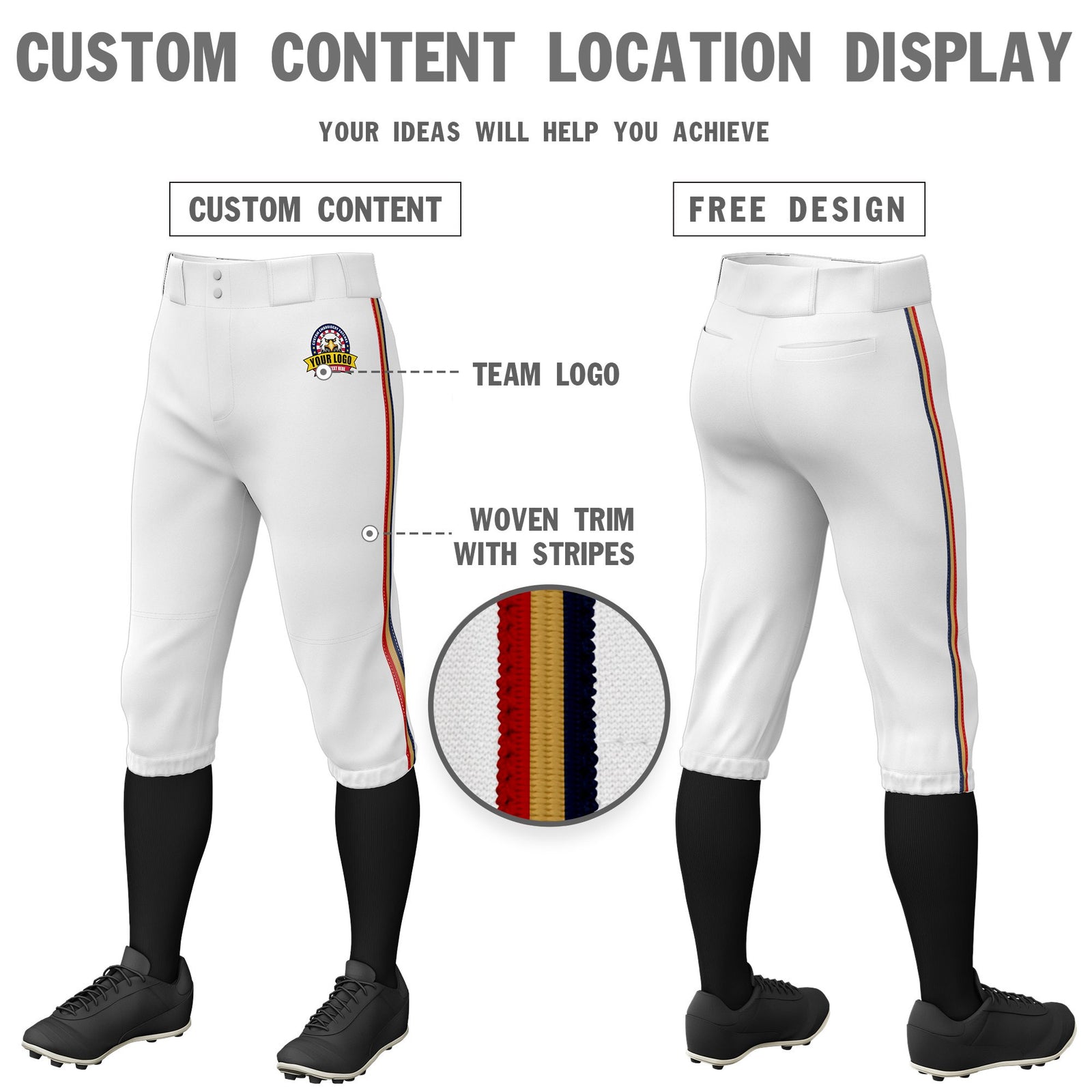 Custom White Navy-Old Gold-Red Classic Fit Stretch Practice Knickers Baseball Pants