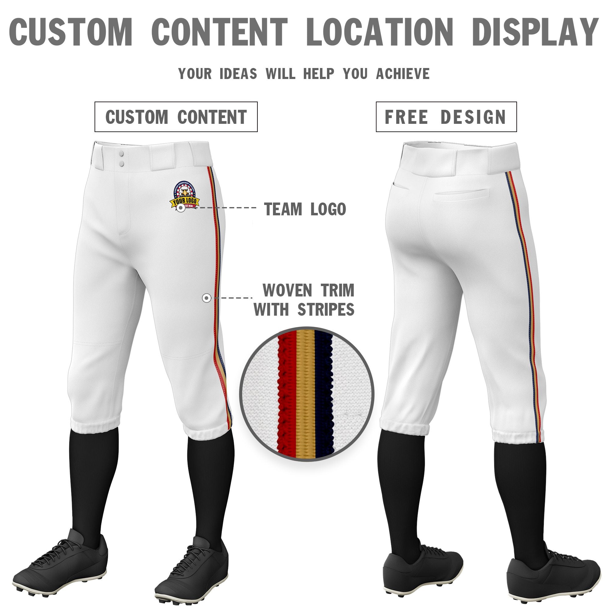 Custom White Navy-Old Gold-Red Classic Fit Stretch Practice Knickers Baseball Pants