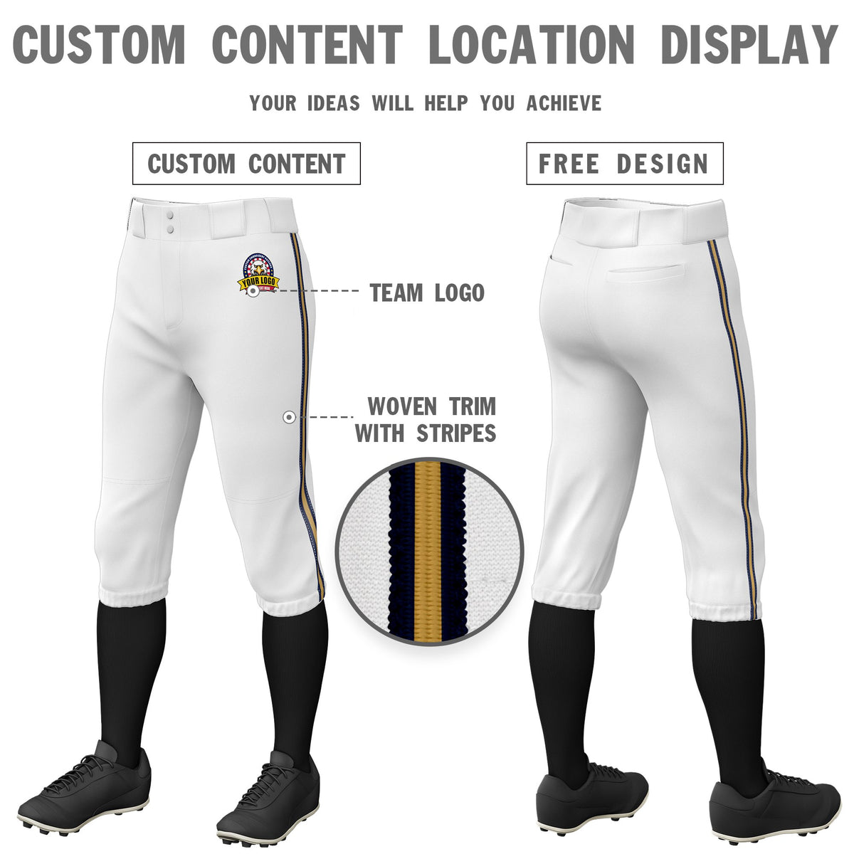 Custom White Navy-Old Gold-Navy Classic Fit Stretch Practice Knickers Baseball Pants