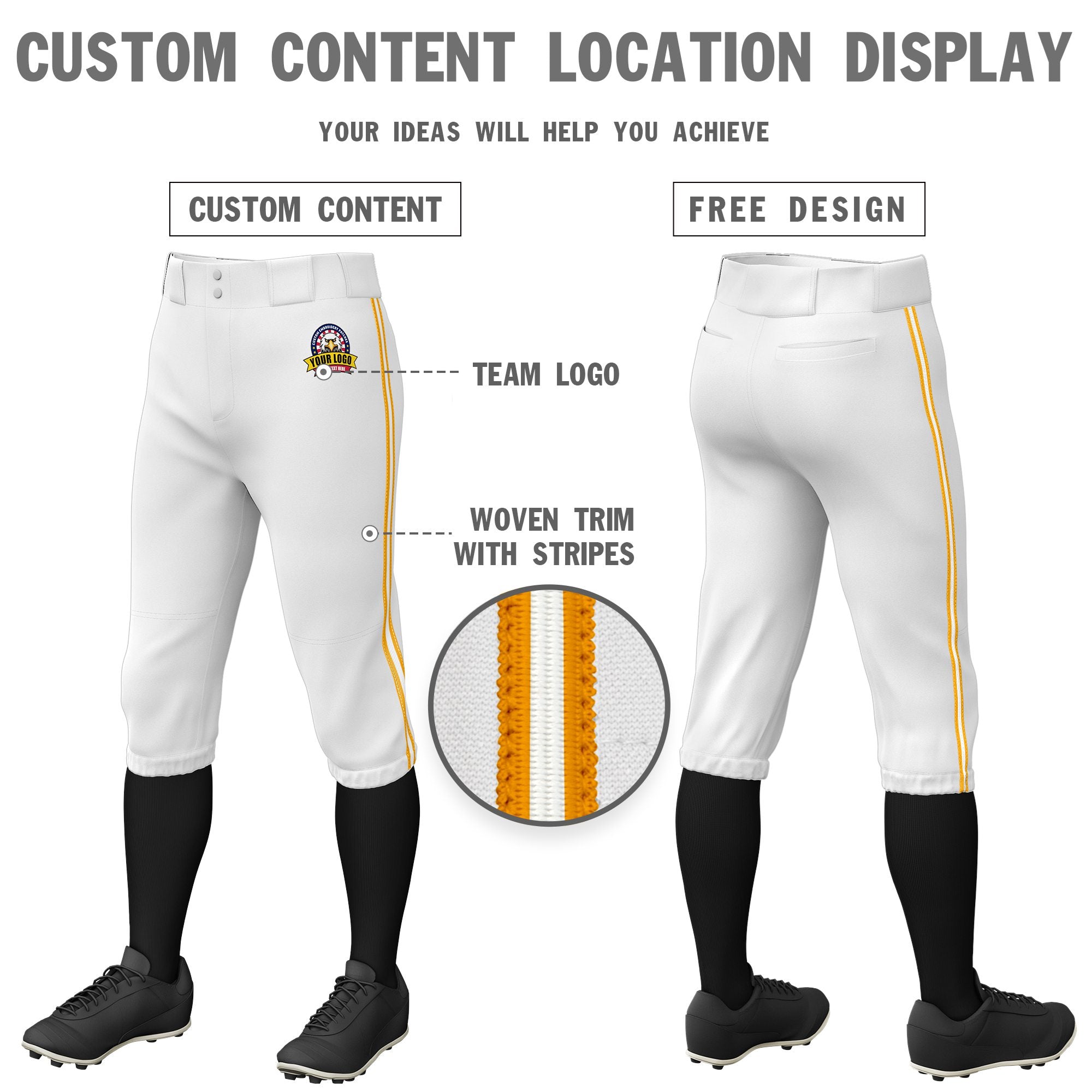 Custom White Yellow-White-Yellow Classic Fit Stretch Practice Knickers Baseball Pants