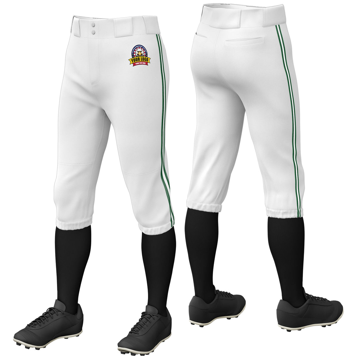 Custom White Green-White-Green Classic Fit Stretch Practice Knickers Baseball Pants