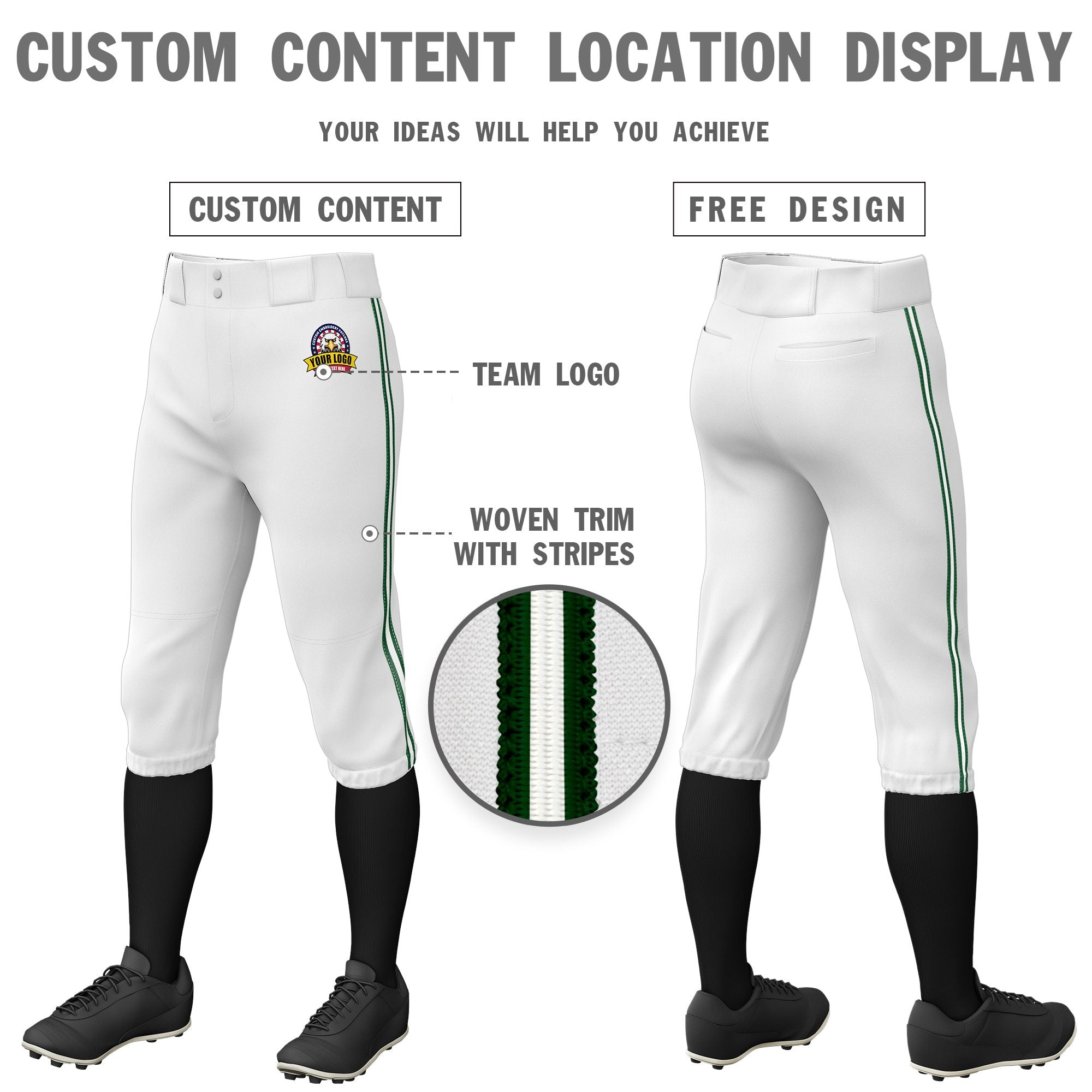 Custom White Green-White-Green Classic Fit Stretch Practice Knickers Baseball Pants