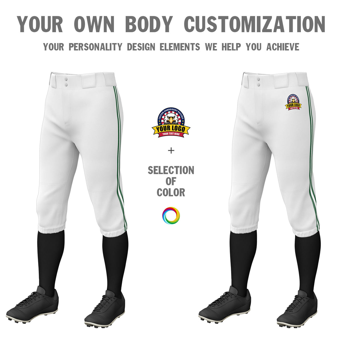 Custom White Green-White-Green Classic Fit Stretch Practice Knickers Baseball Pants