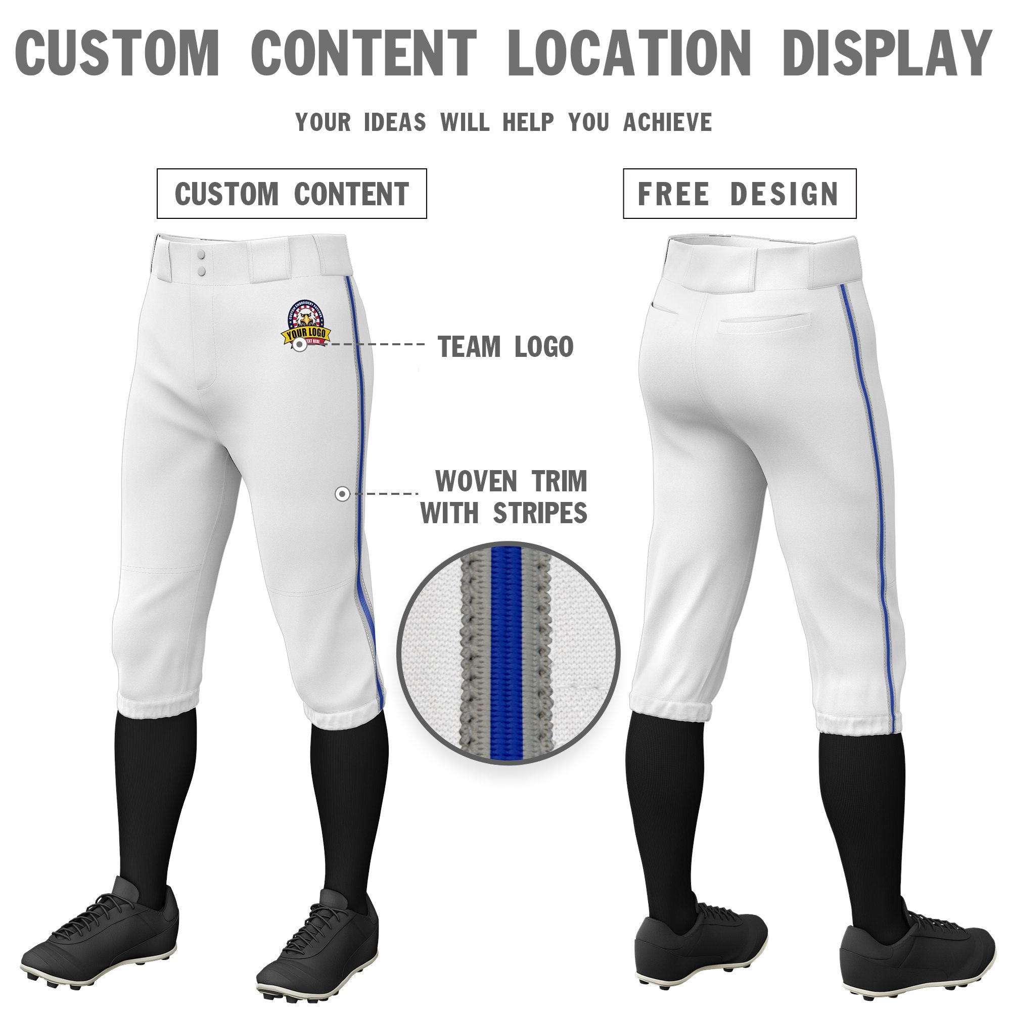 Custom White Gray-Royal Blue-Gray Classic Fit Stretch Practice Knickers Baseball Pants