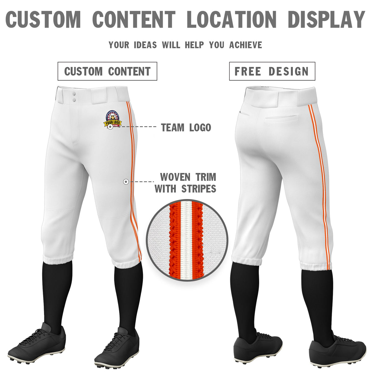 Custom White Orange-White-Orange Classic Fit Stretch Practice Knickers Baseball Pants