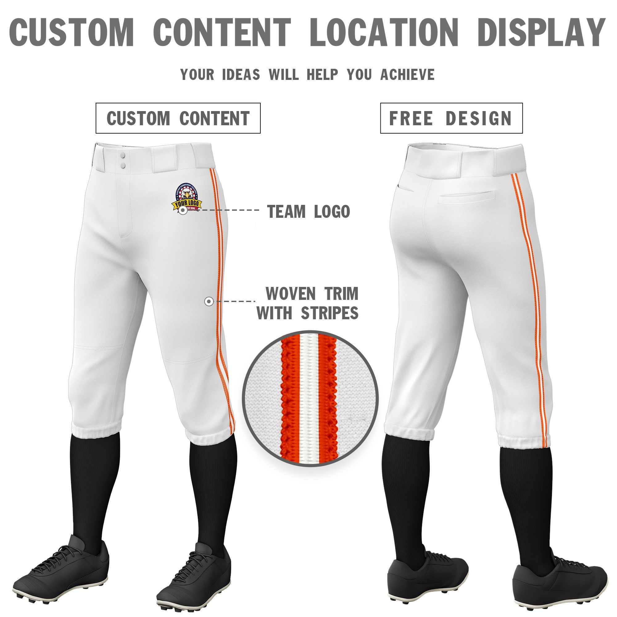 Custom White Orange-White-Orange Classic Fit Stretch Practice Knickers Baseball Pants