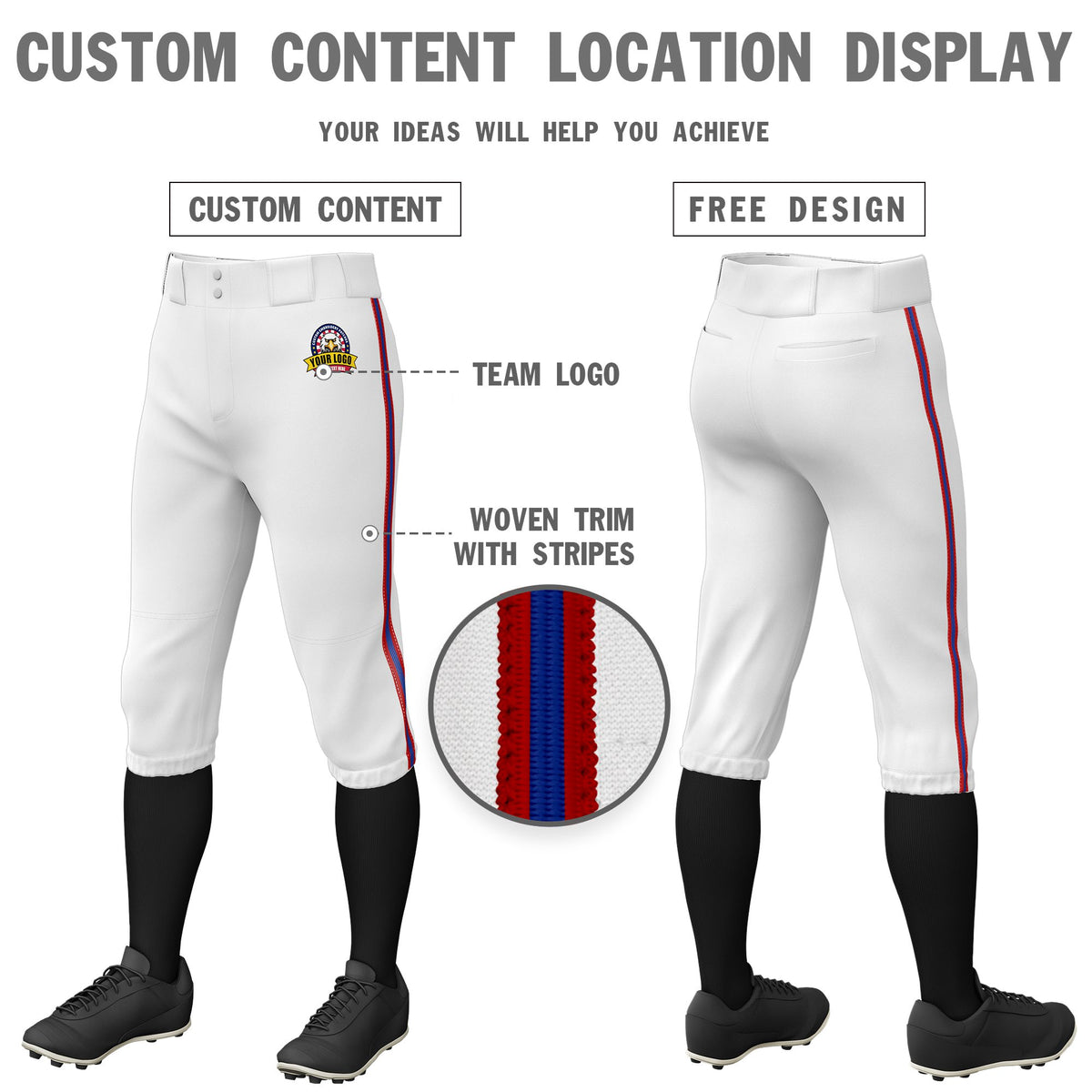 Custom White Red-Royal Blue-Red Classic Fit Stretch Practice Knickers Baseball Pants