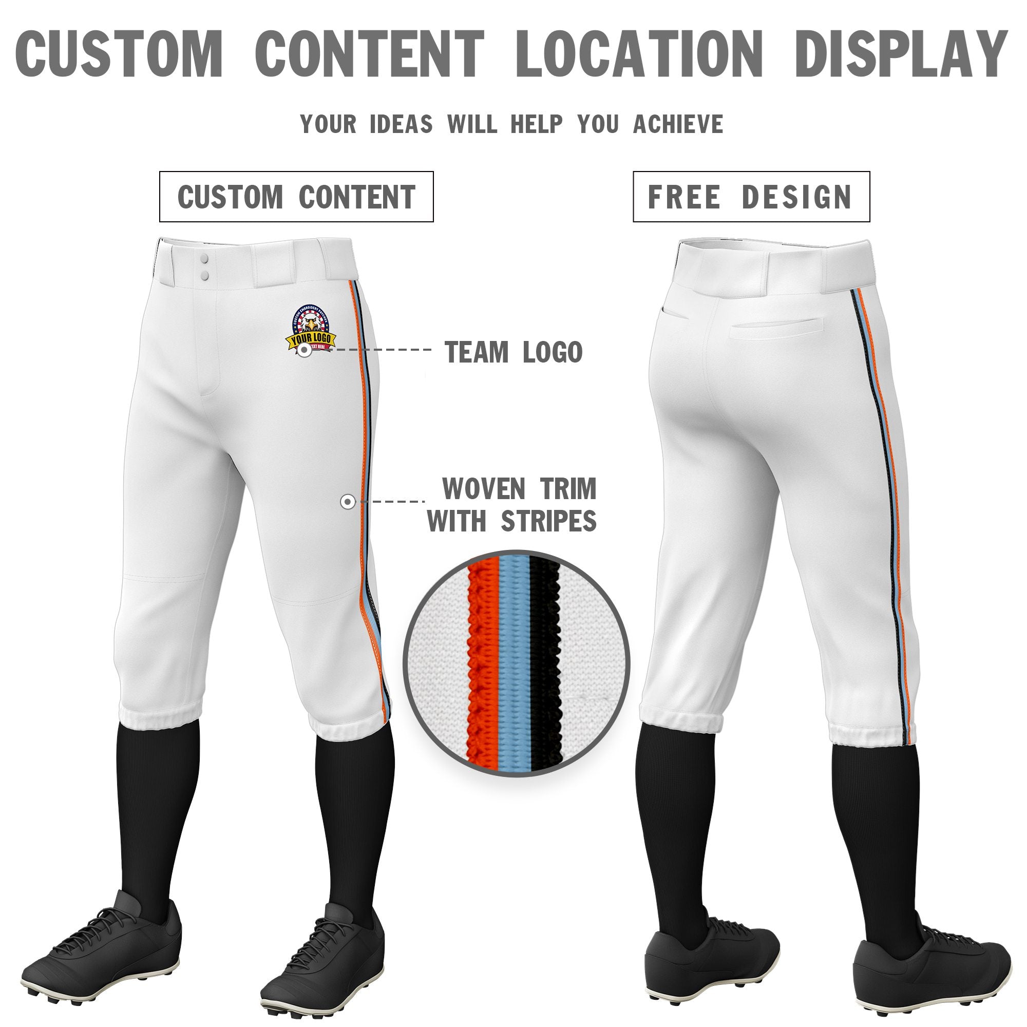 Custom White Orange-Light Blue-Black Classic Fit Stretch Practice Knickers Baseball Pants