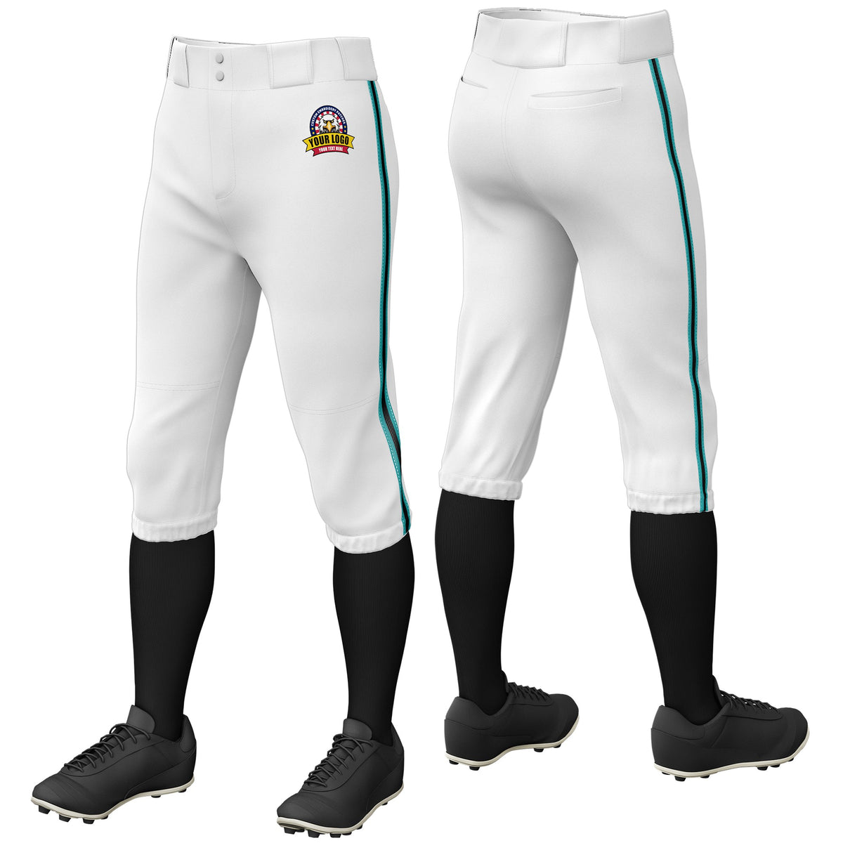 Custom White Aqua-Black-Aqua Classic Fit Stretch Practice Knickers Baseball Pants