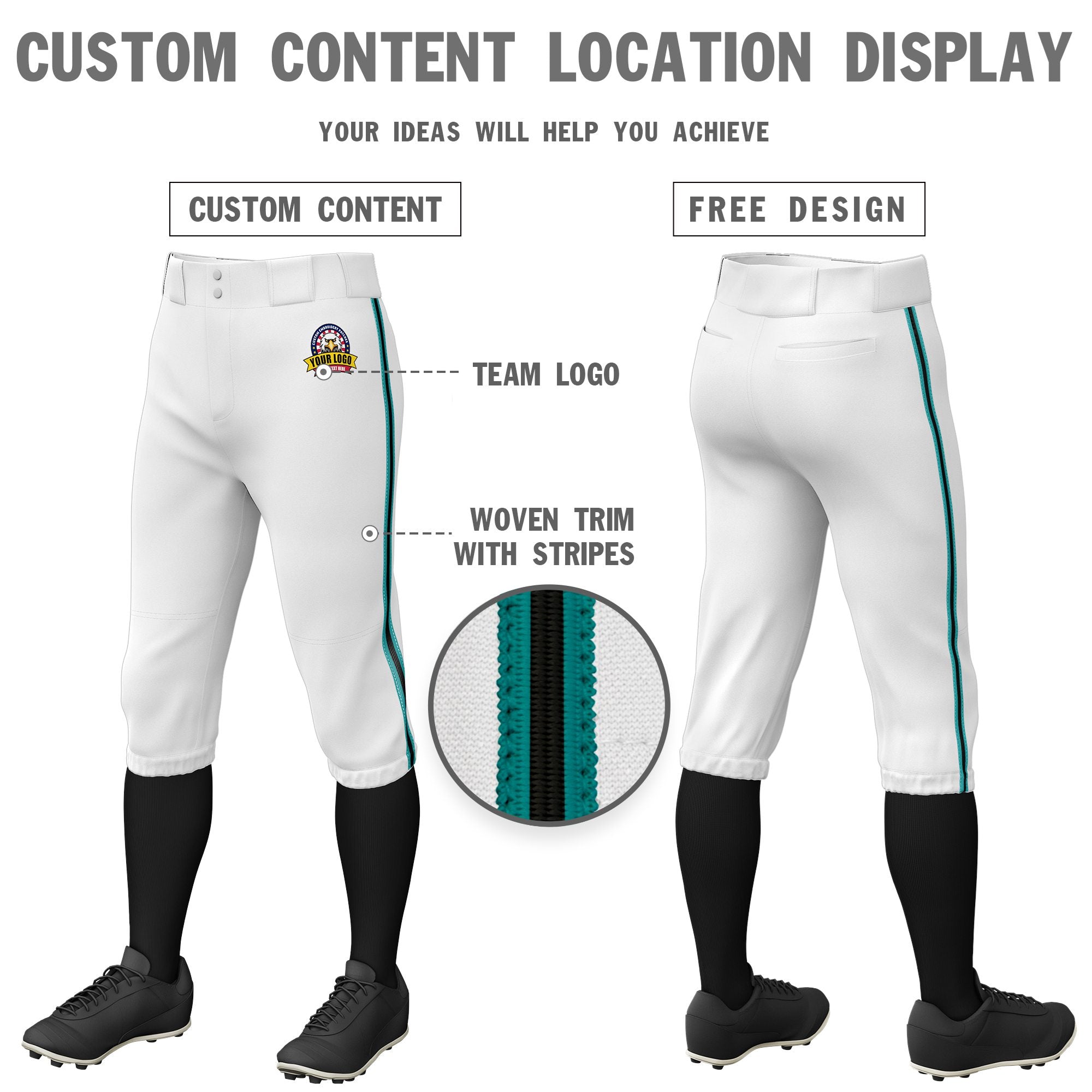 Custom White Aqua-Black-Aqua Classic Fit Stretch Practice Knickers Baseball Pants