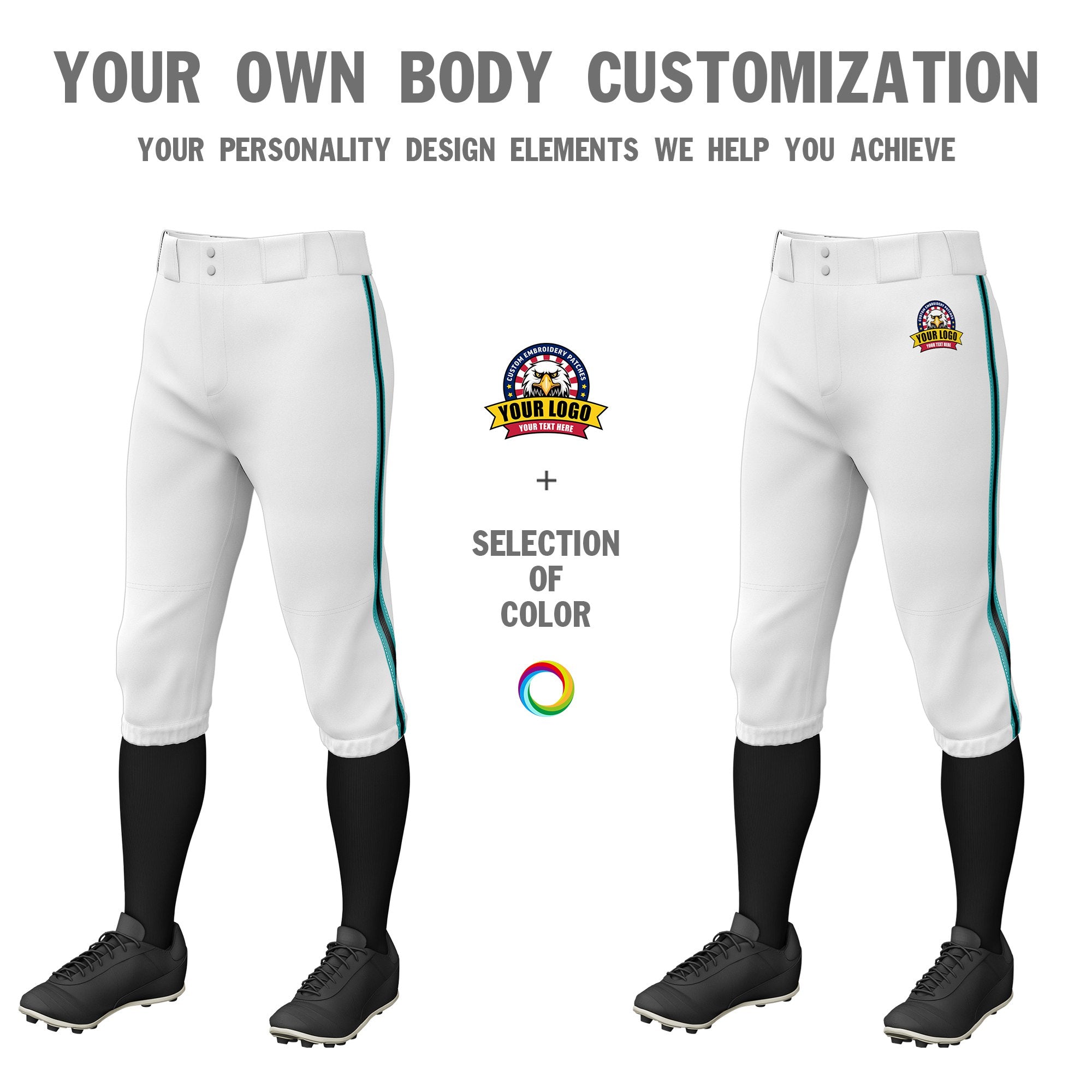 Custom White Aqua-Black-Aqua Classic Fit Stretch Practice Knickers Baseball Pants