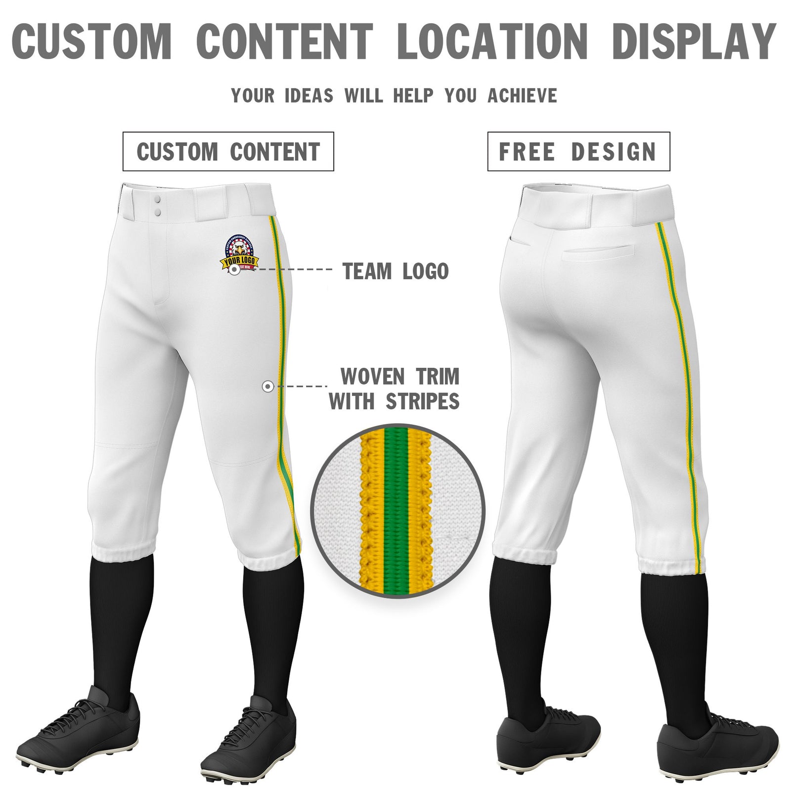 Custom White Gold01-Kelly Green-Gold01 Classic Fit Stretch Practice Knickers Baseball Pants