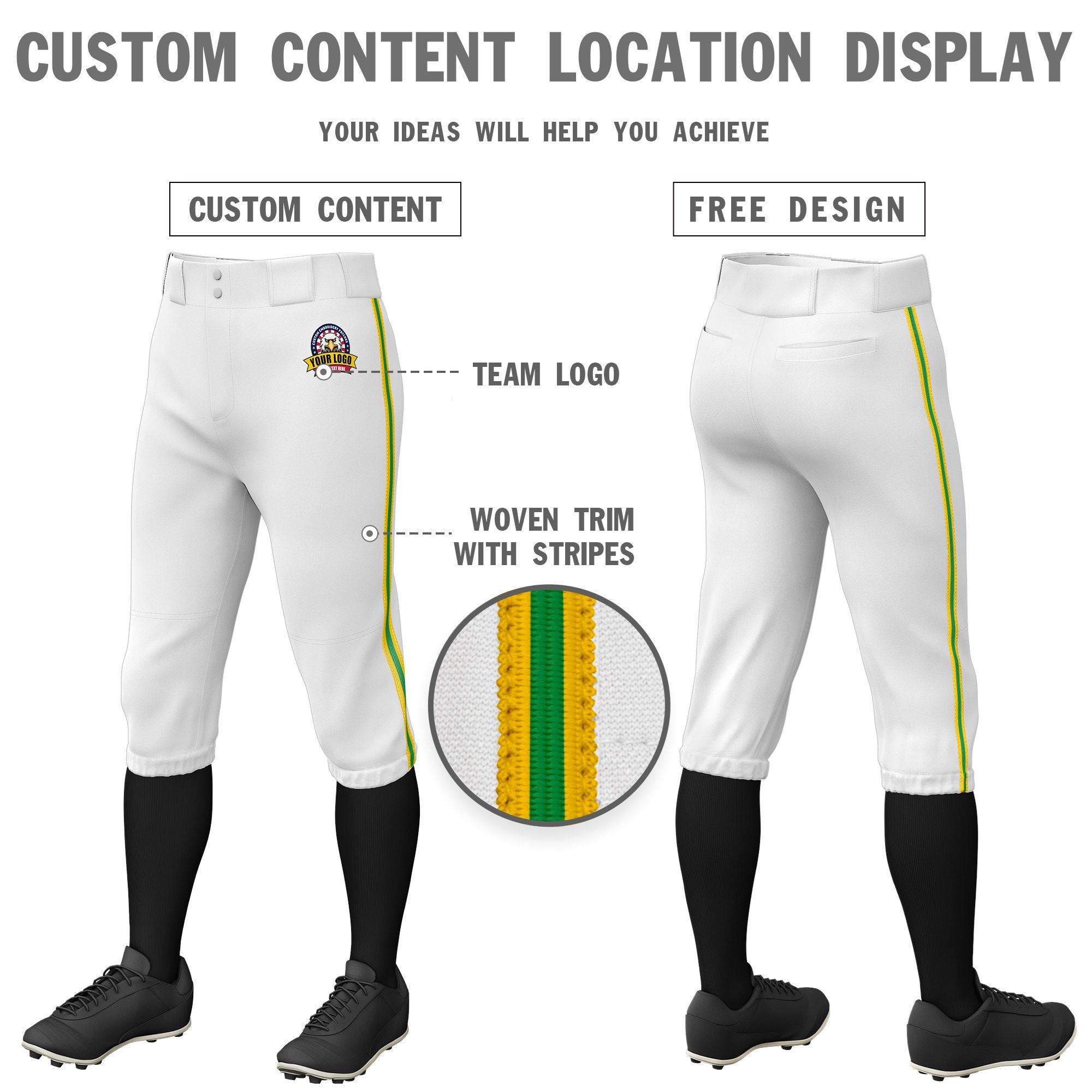 Custom White Gold01-Kelly Green-Gold01 Classic Fit Stretch Practice Knickers Baseball Pants