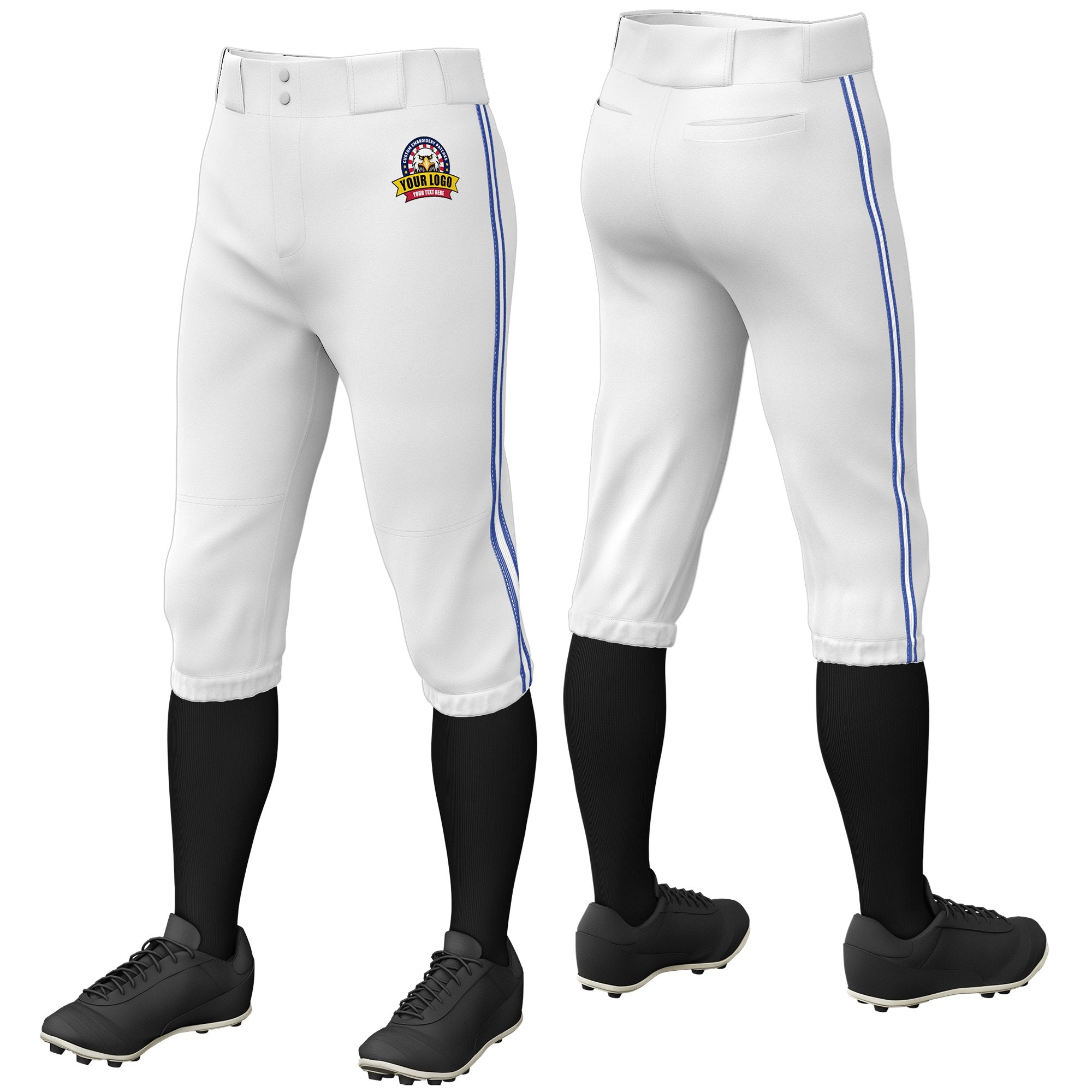 Custom White Royal Blue-White-Royal Blue Classic Fit Stretch Practice Knickers Baseball Pants