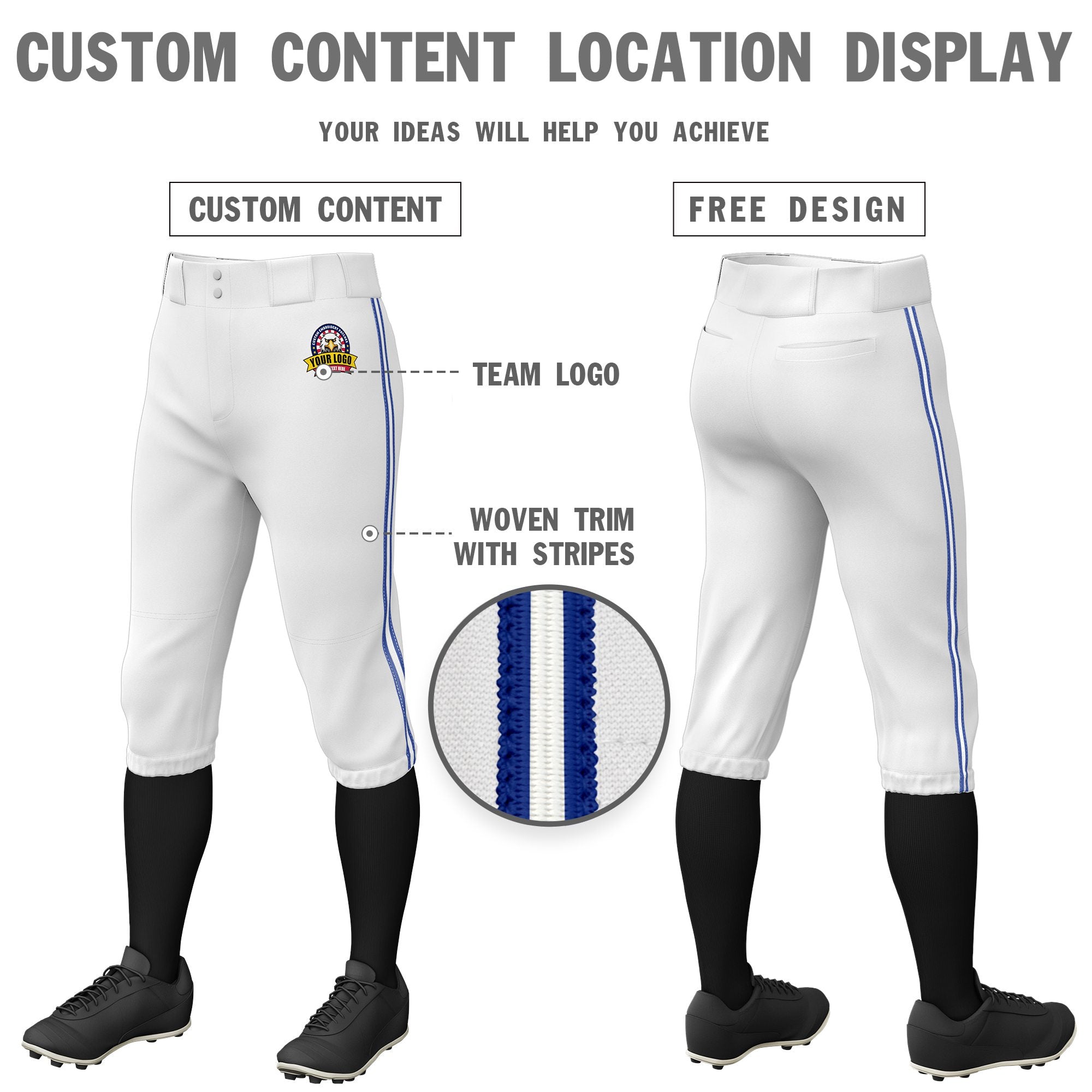 Custom White Royal Blue-White-Royal Blue Classic Fit Stretch Practice Knickers Baseball Pants