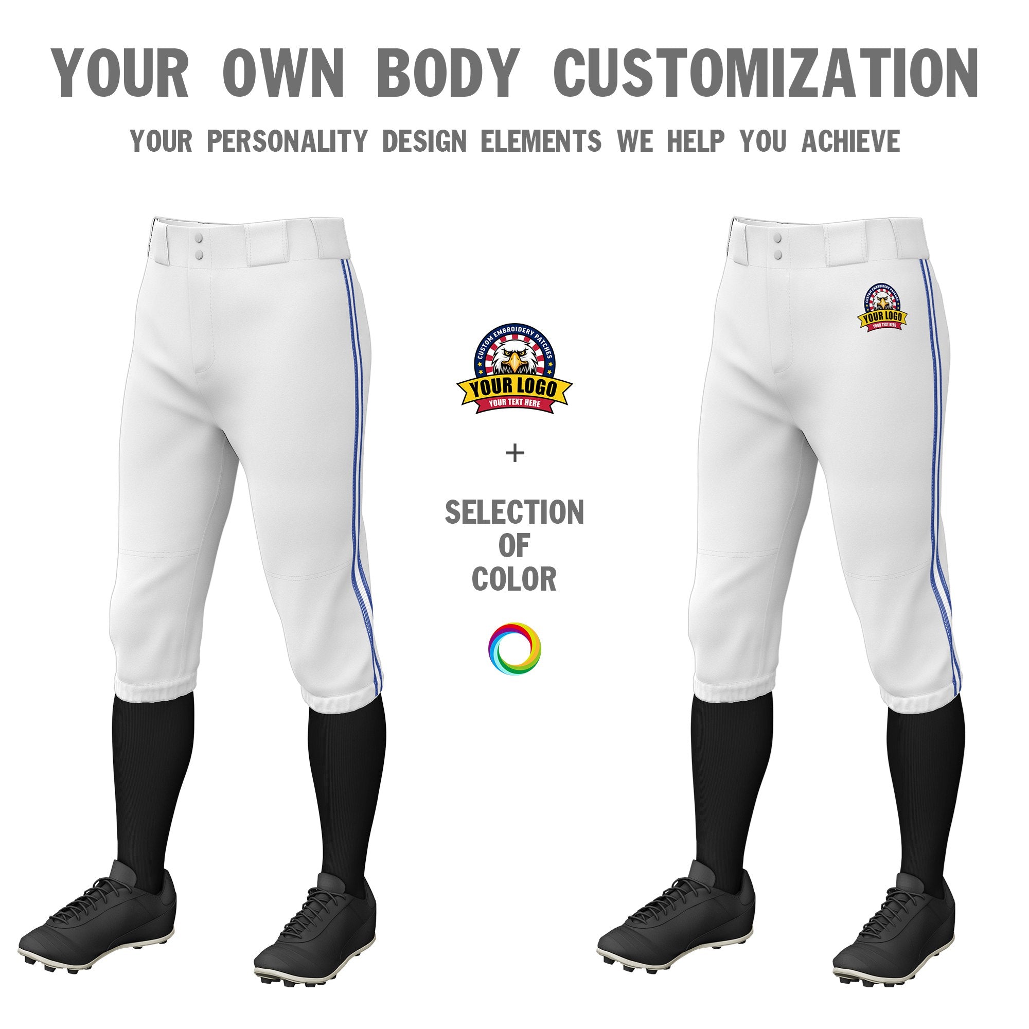 Custom White Royal Blue-White-Royal Blue Classic Fit Stretch Practice Knickers Baseball Pants