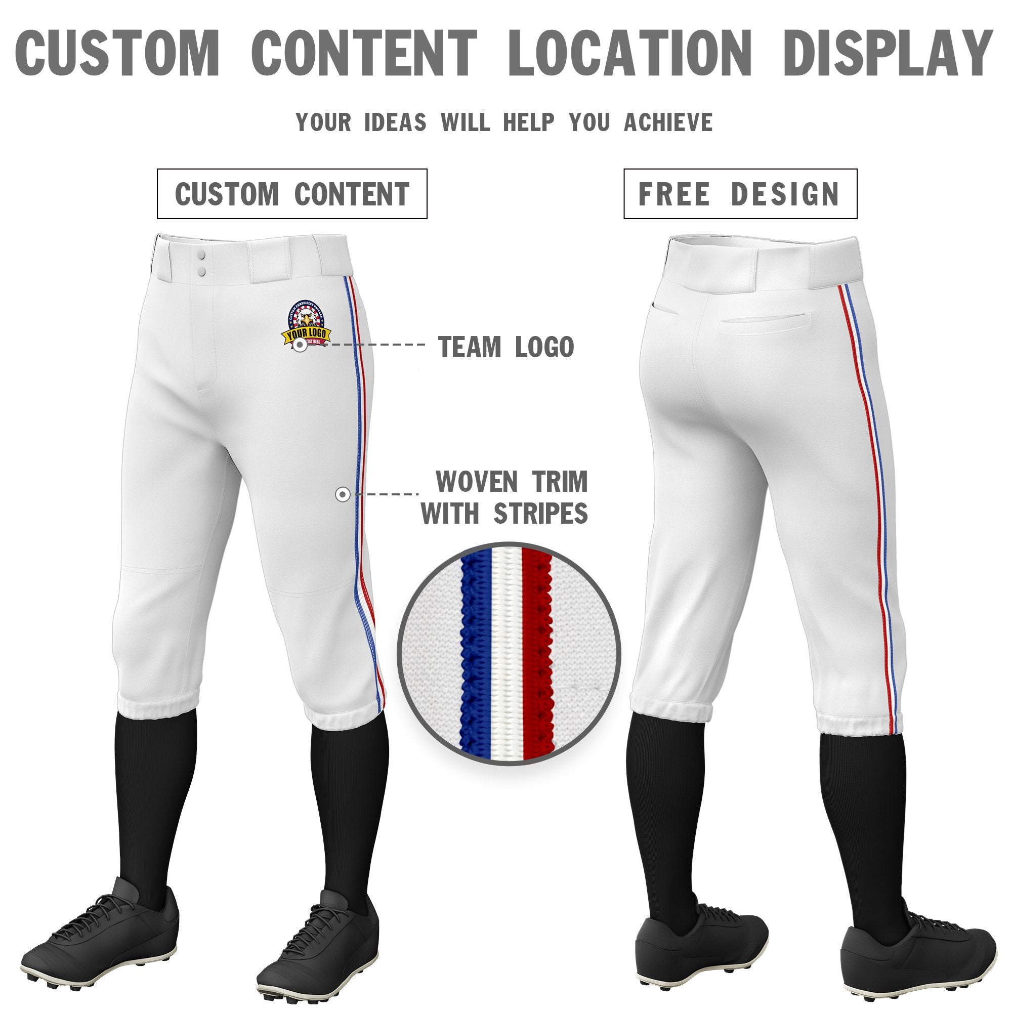 Custom White Royal Blue-White-Red Classic Fit Stretch Practice Knickers Baseball Pants