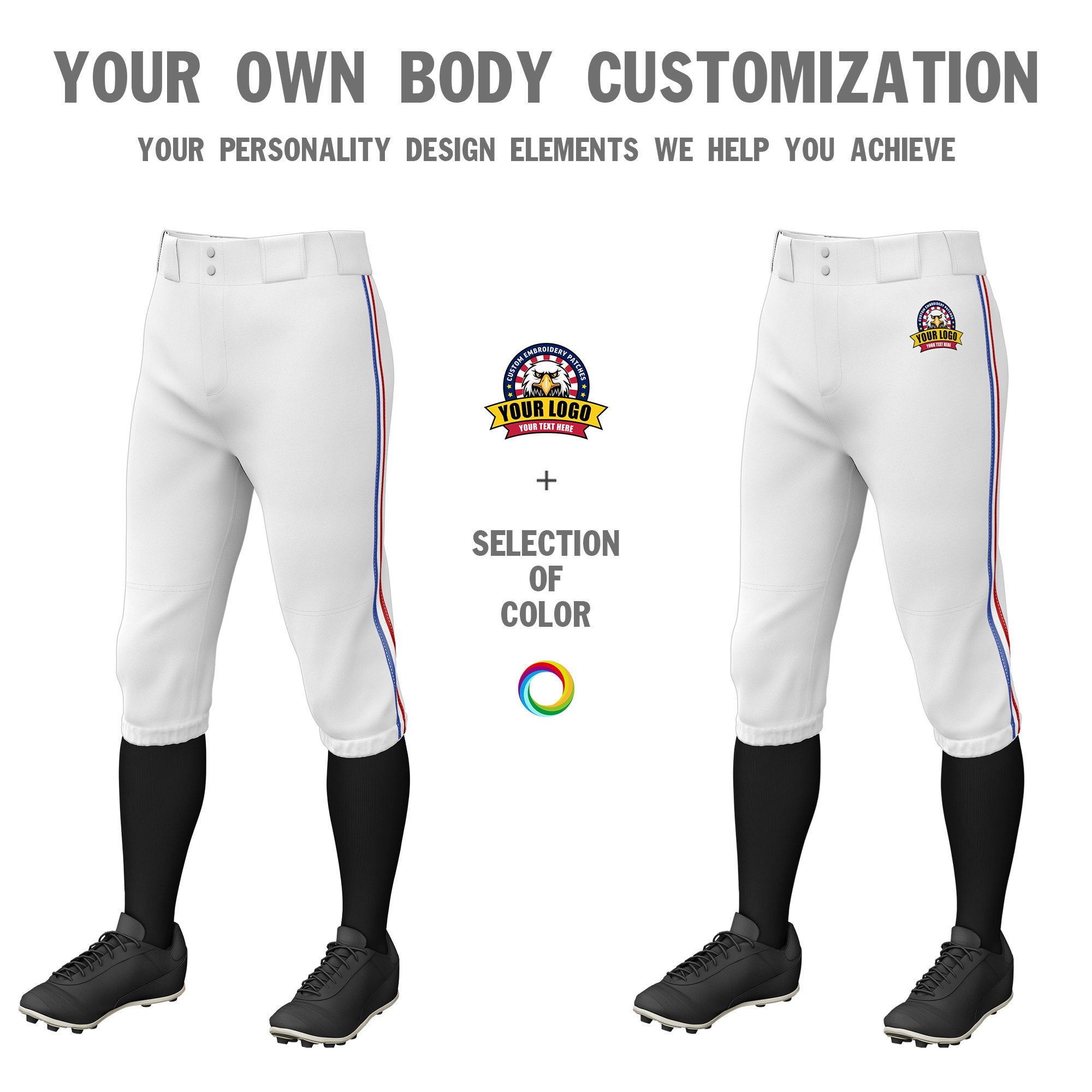 Custom White Royal Blue-White-Red Classic Fit Stretch Practice Knickers Baseball Pants