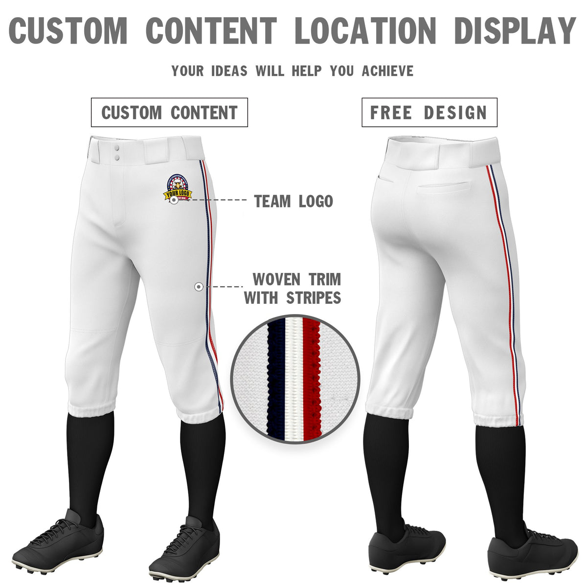 Custom White Navy-White-Red Classic Fit Stretch Practice Knickers Baseball Pants