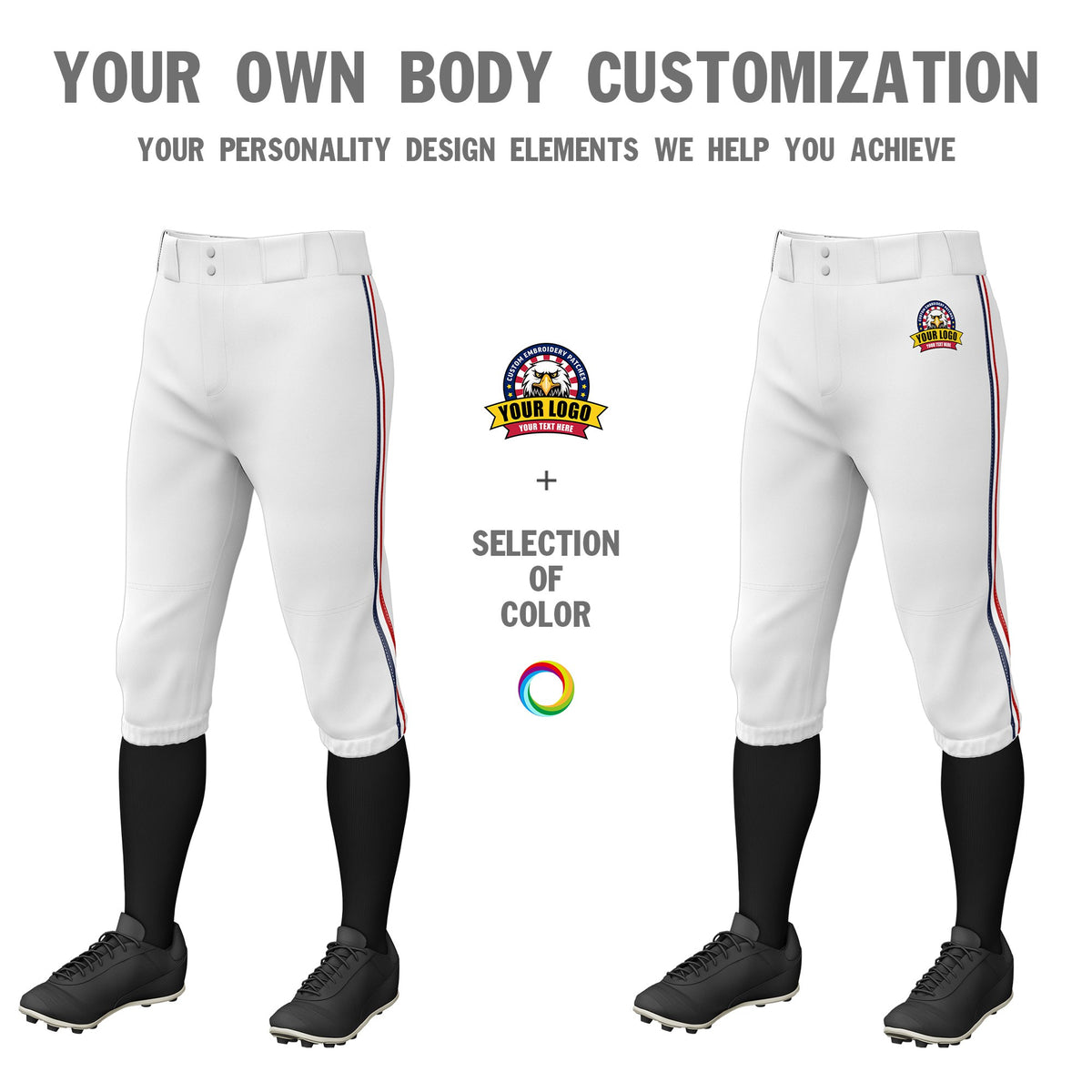 Custom White Navy-White-Red Classic Fit Stretch Practice Knickers Baseball Pants