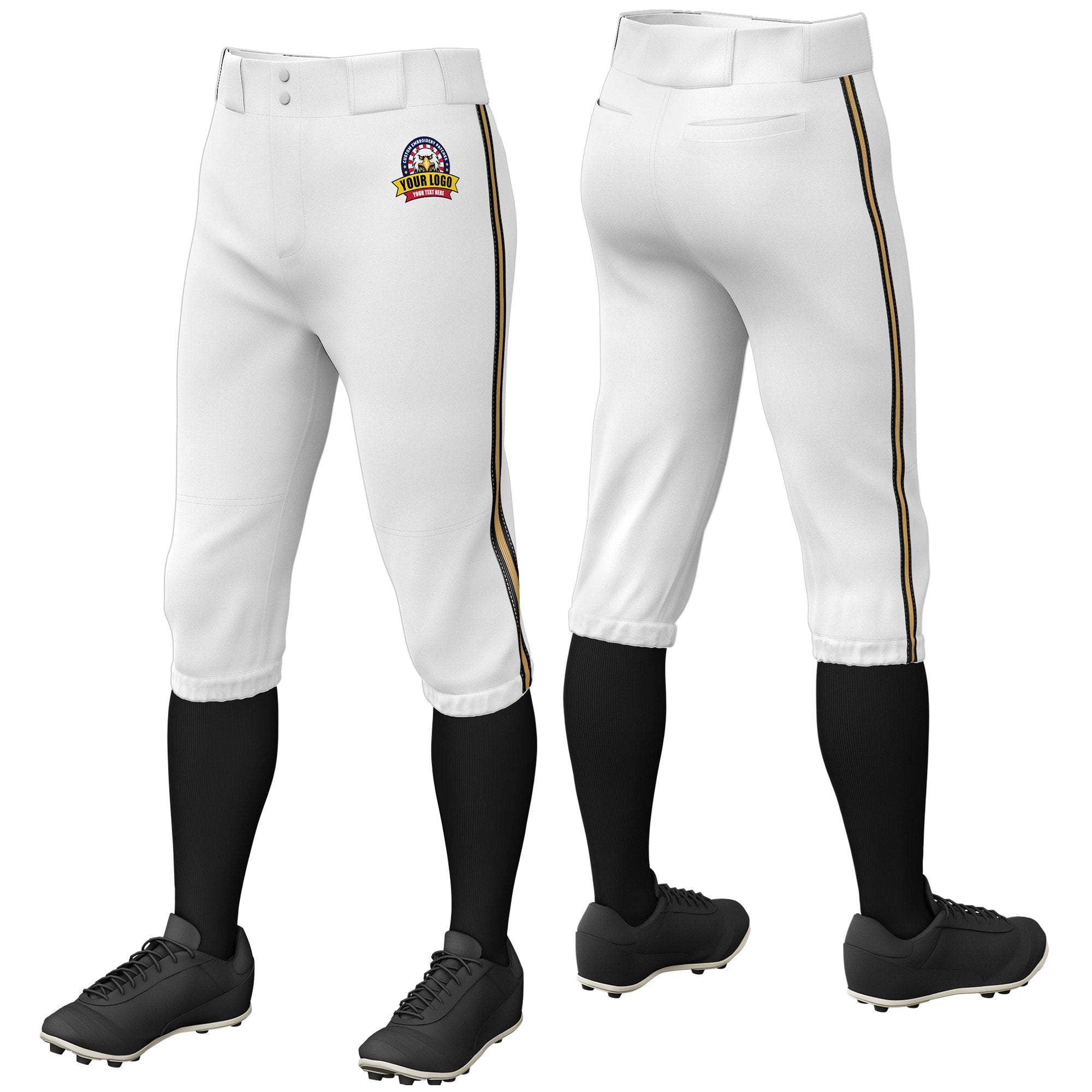 Custom White Black-Old Gold-Black Classic Fit Stretch Practice Knickers Baseball Pants