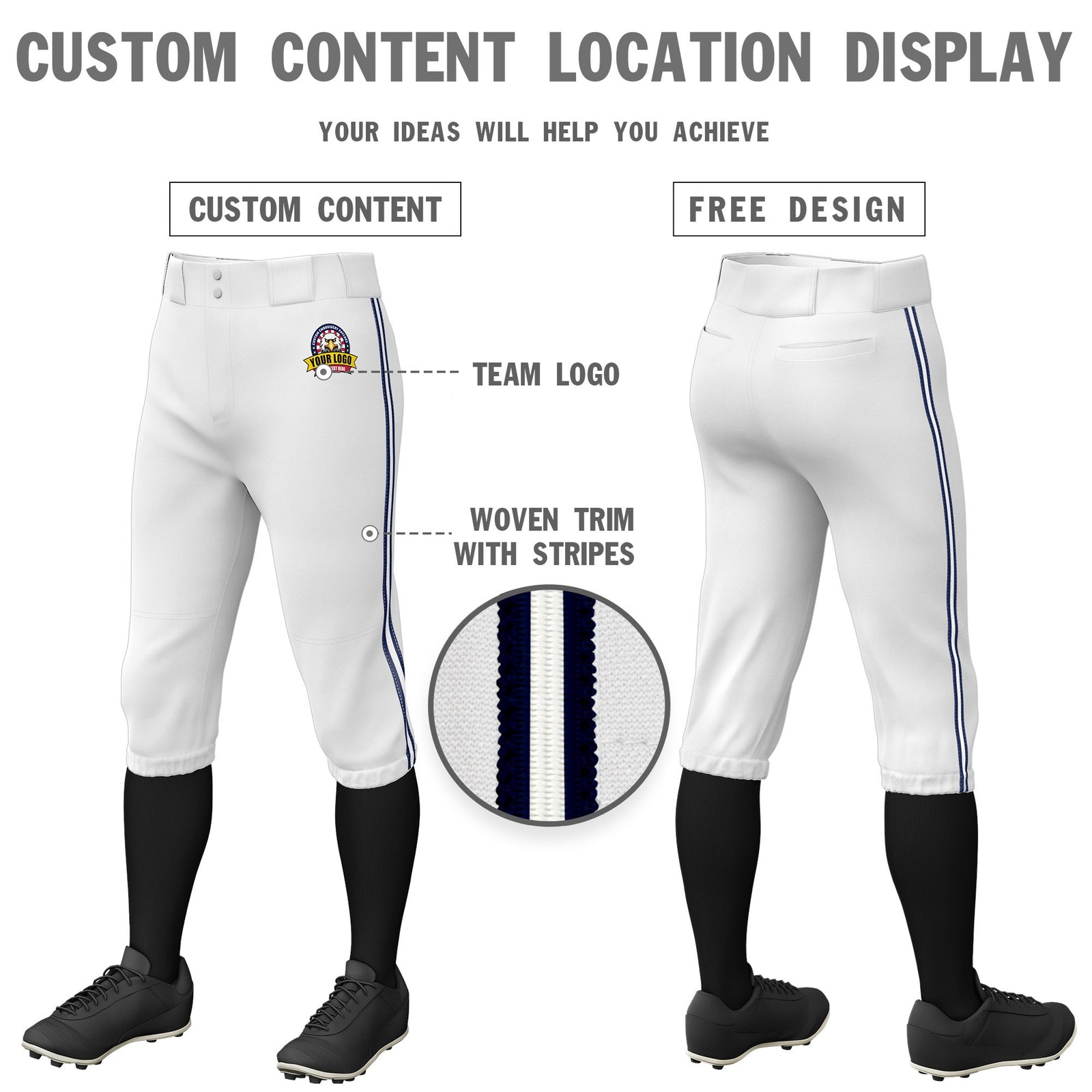 Custom White Navy-White-Navy Classic Fit Stretch Practice Knickers Baseball Pants