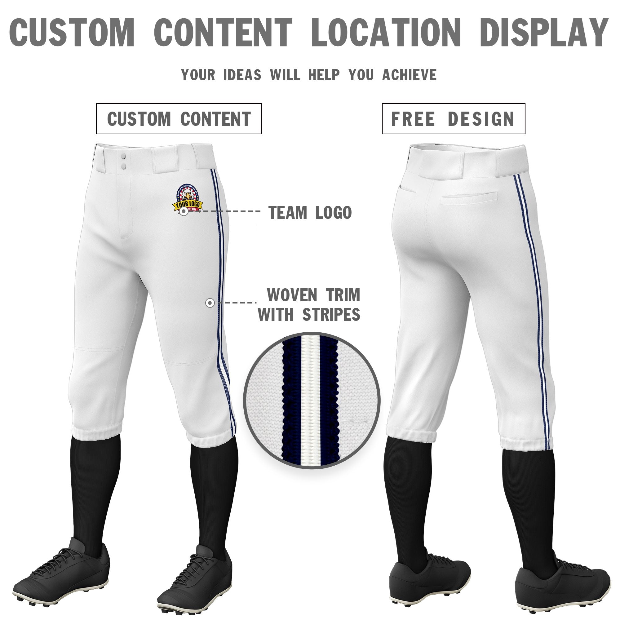 Custom White Navy-White-Navy Classic Fit Stretch Practice Knickers Baseball Pants