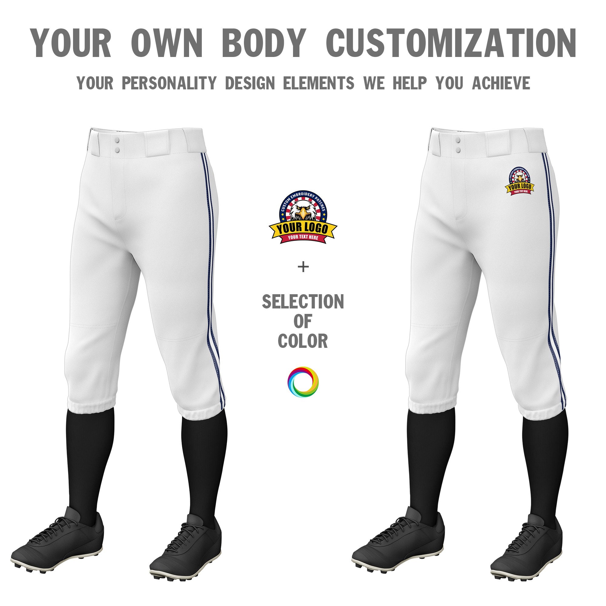 Custom White Navy-White-Navy Classic Fit Stretch Practice Knickers Baseball Pants