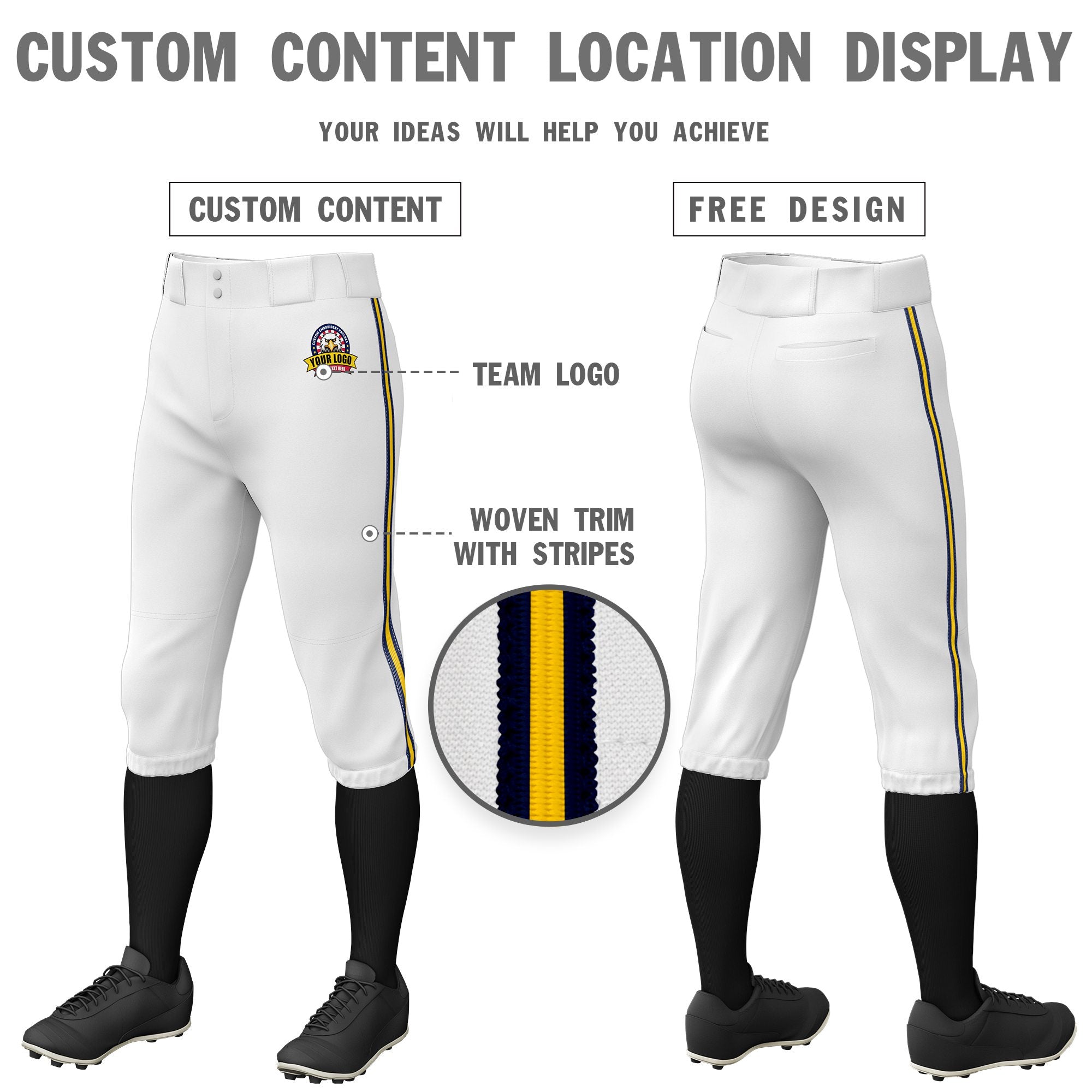 Custom White Navy-Gold01-Navy Classic Fit Stretch Practice Knickers Baseball Pants