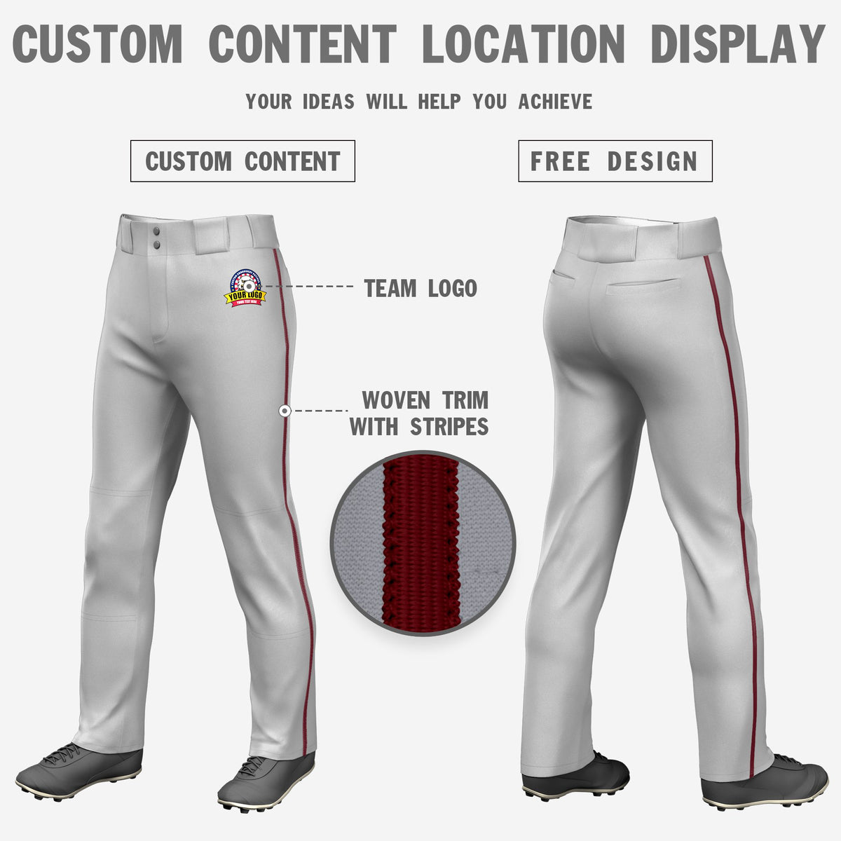 Custom Gray Crimson Classic Fit Stretch Practice Loose-fit Baseball Pants