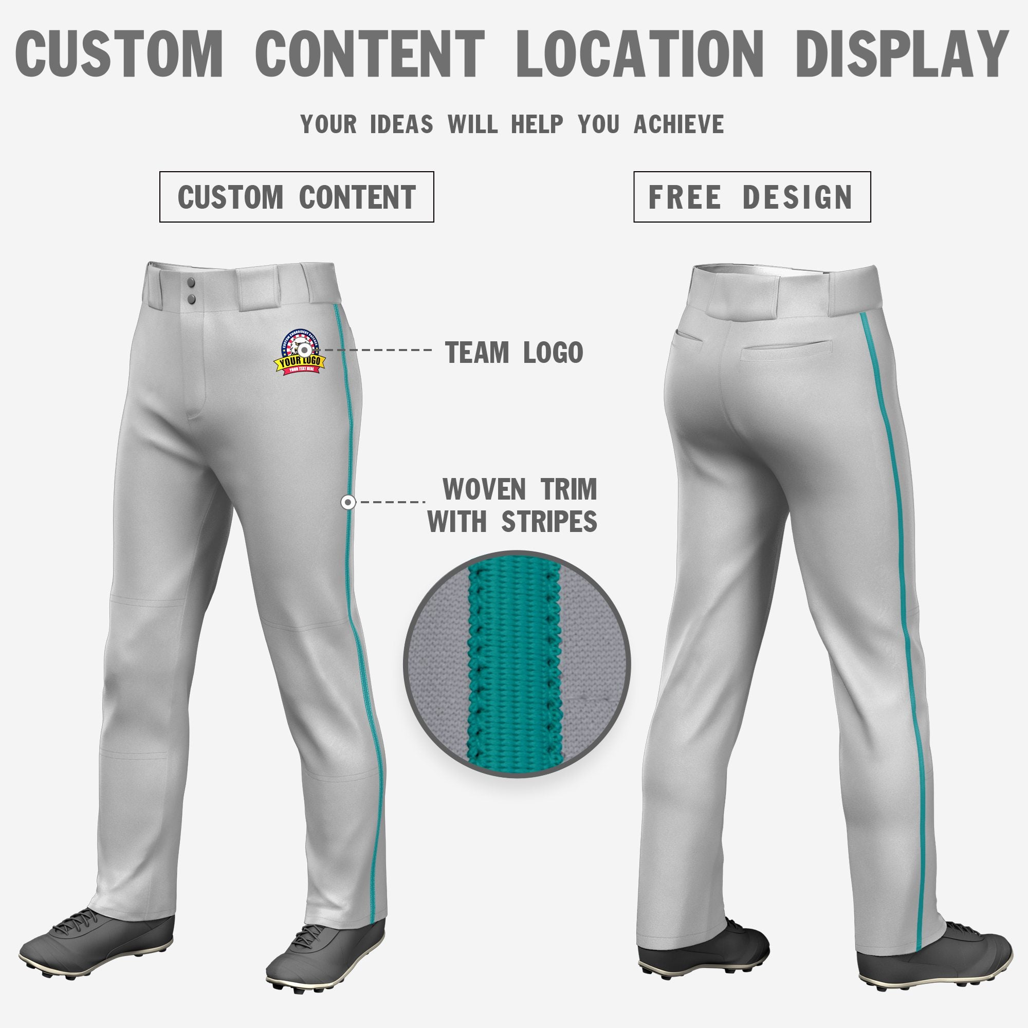 Custom Gray Aqua Classic Fit Stretch Practice Loose-fit Baseball Pants