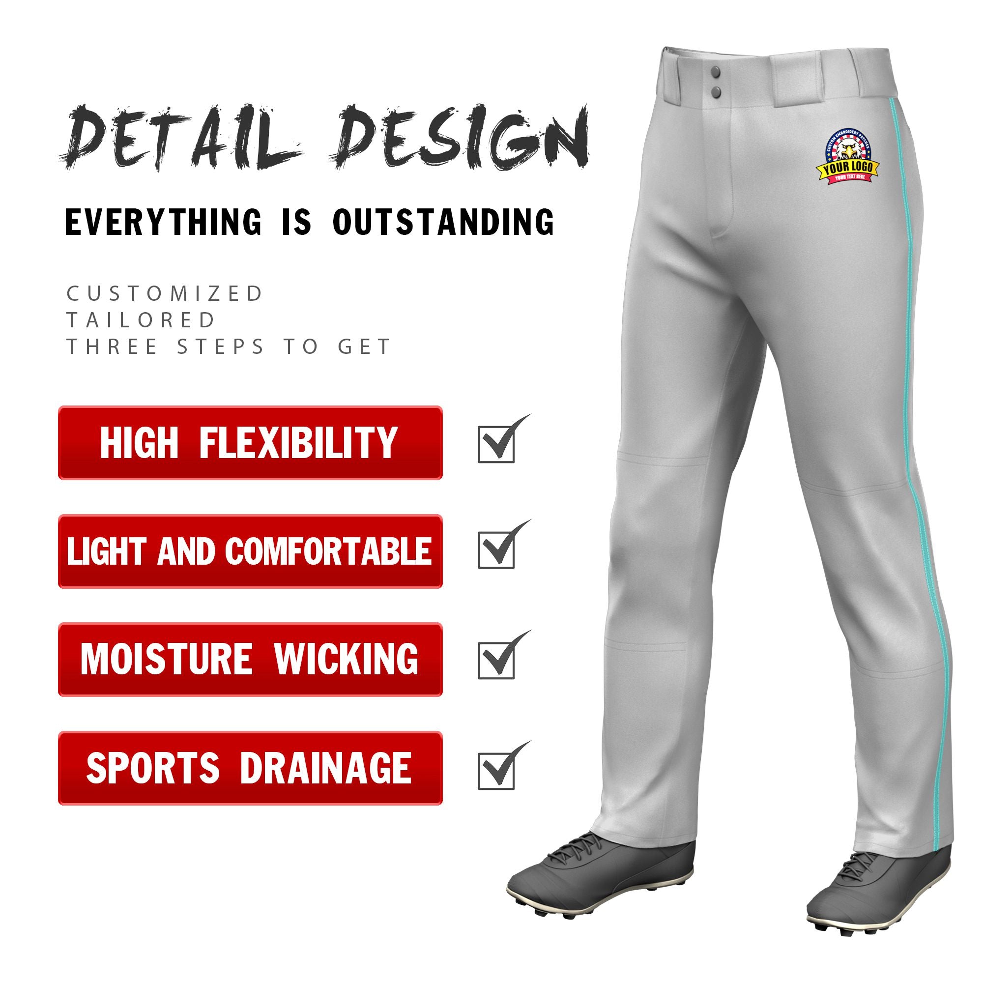 Custom Gray Bright Green Blue Classic Fit Stretch Practice Loose-fit Baseball Pants